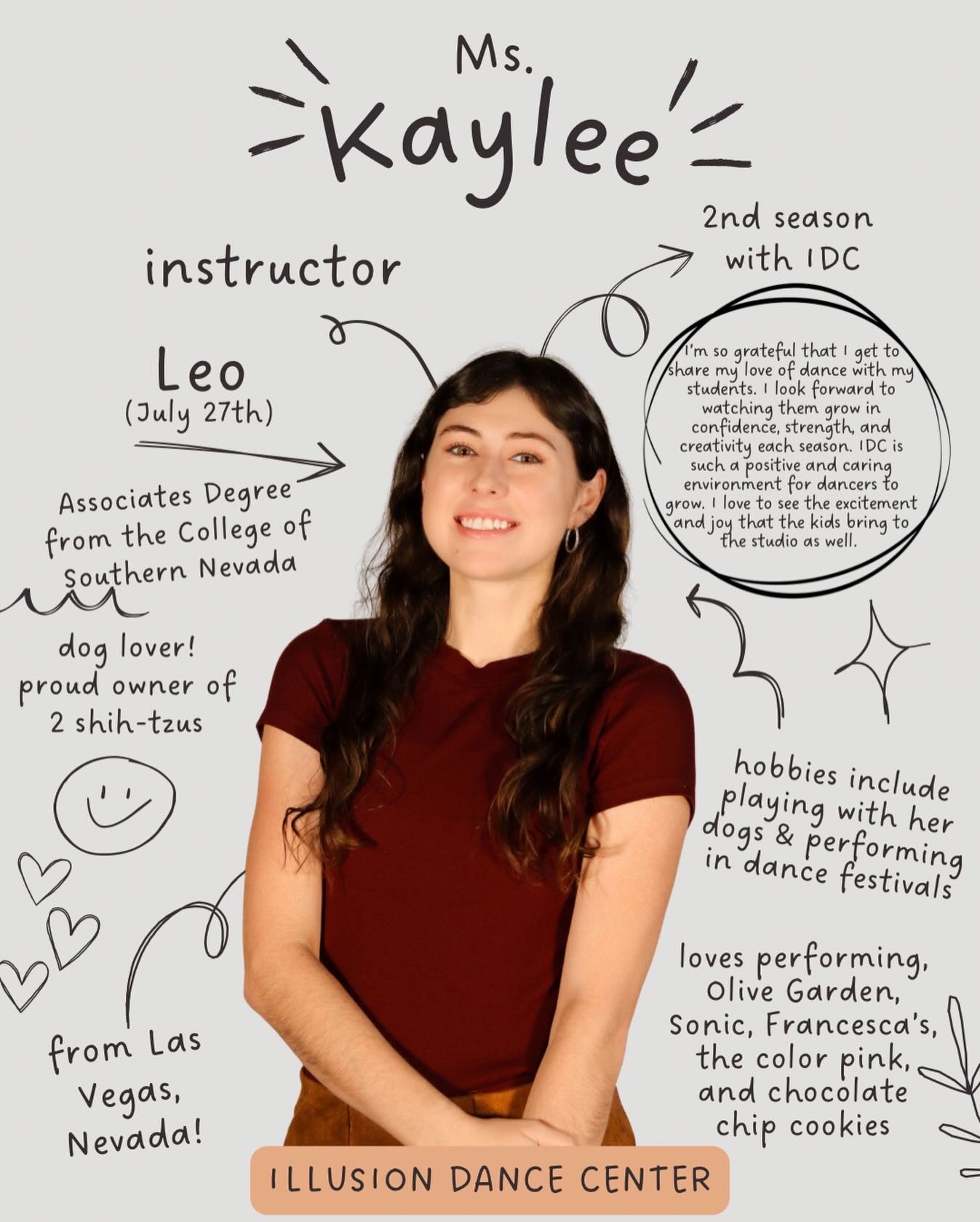 Meet our 25-26 Staff!
Please welcome Miss Kaylee!! We’re beyond thrilled to have Miss Kaylee back for her 2nd season💜 She’s as sweet as can be, an amazing role model, creative, intelligent, and a fantastic addition to our team! We feel so lucky to have her & can’t wait for another incredible season!