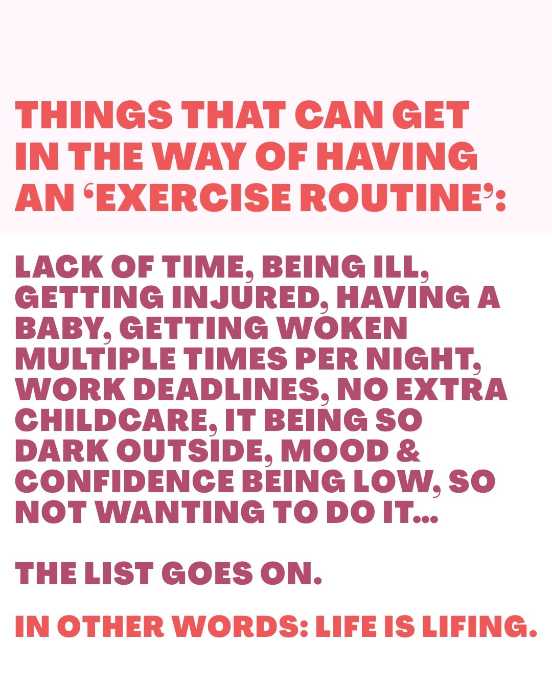 🩷 If movement has slipped recently, I see you. Or if you’ve never really done anything, and you’re just feeling overwhelmed with even starting.
Honestly, it happens to all of us.
It is not because you are lazy or unmotivated. Life is really full, especially at this time of year, and it is just hard to find space for yourself. I really think a lot of modern ‘hustle’ life leaves no space for activities for ‘us’ - we have to schedule them in with military precision and that in itself makes them less enjoyable.
🩷 At the moment, the advice I can offer if you do want to fit in some sessions is instead of waiting for that perfect window where everything lines up, is to either hard should it in or try thinking smaller and more doable.
Things like:
✨ 5 to 10 minutes instead of a full session
✨ One strength session a week instead of three
✨ A short walk between tasks
✨ Stretching before bed while the kettle boils
✨ Press play on something short and follow along
✨ Giving yourself permission to do less without feeling like you failed (this last one is important)
I personally like having a video to follow when I’m low on motivation and bandwidth. So the message with me is usually ‘find a way start’ but this one is also ‘suck it up that you might not be able to right now, but make a plan for when you can and do these small thing in-between’
Does this make sense and help a bit?
Rosie x