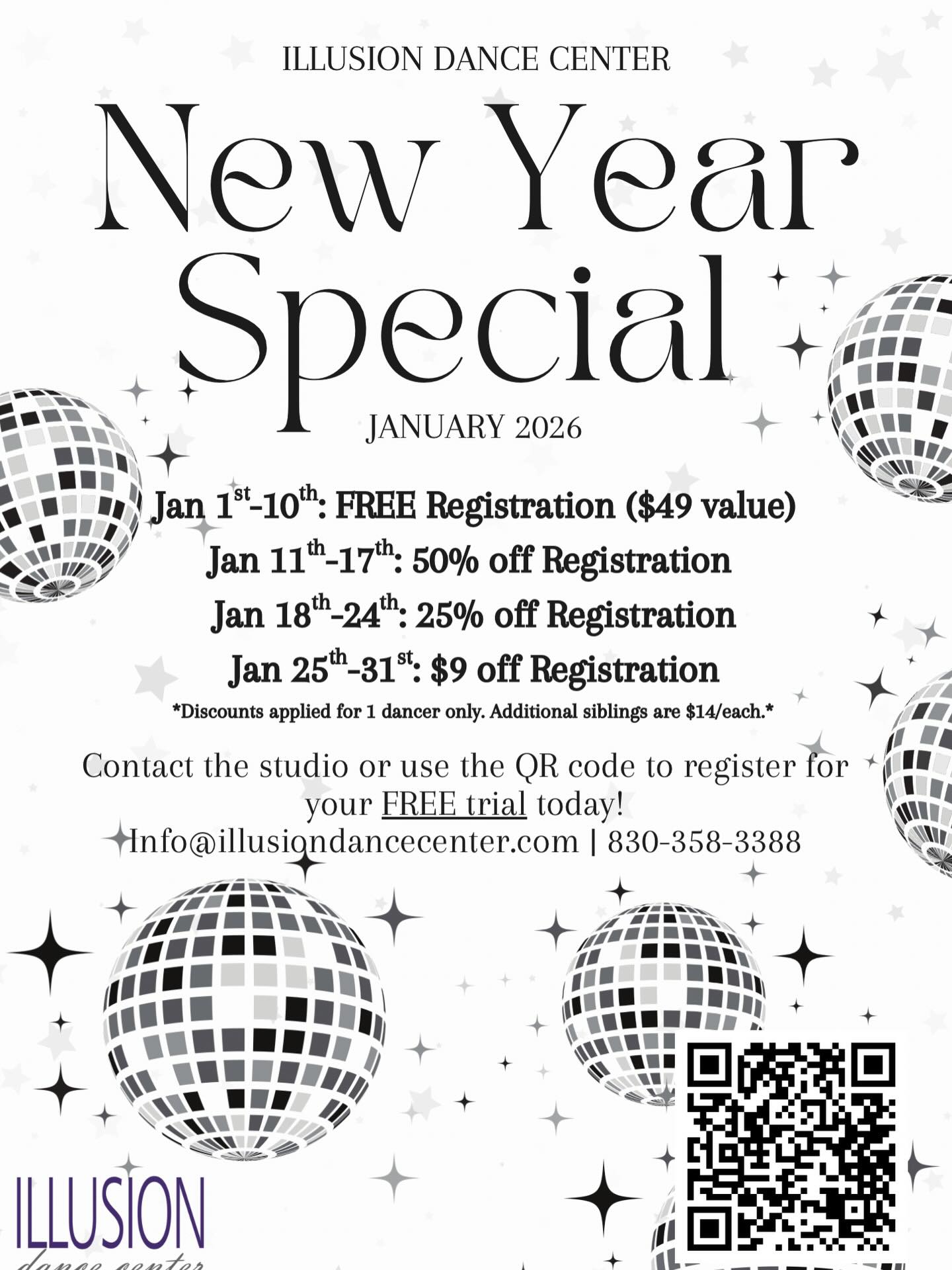 The count down to 2026 is on & we are excited to officially announce our 2026 New Year Special!
Sign-up anytime in the month of January for Registration Savings!
We offer FREE trials for all of our classes, so your dancer can find the perfect fit for them!
Contact us to sign-up for your free trial today & secure your discounted registration!⭐️