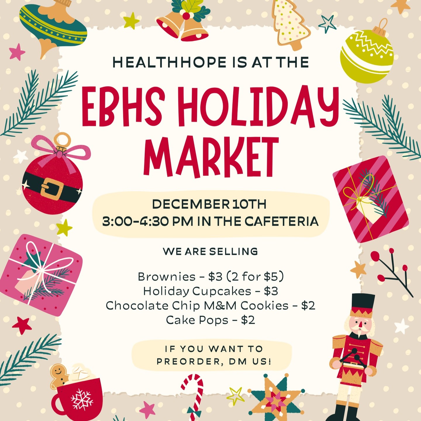 Visit us at the Holiday Market next Wednesday (12/10) anytime from 3:00-4:30! We're selling holiday-themed brownies, cupcakes, cookies, and cake pops. DM us if you want to preorder!