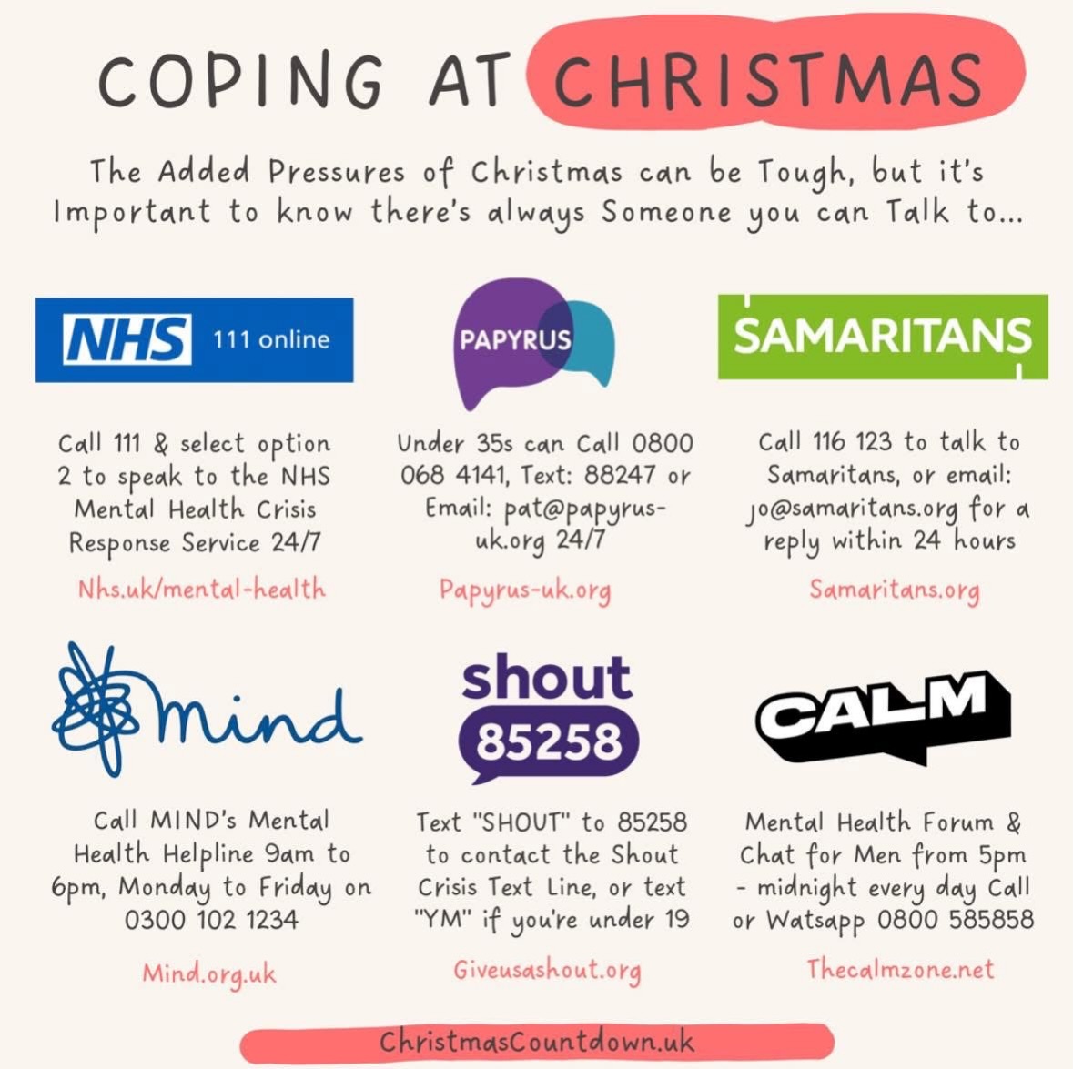 💛 Coping at Christmas 💛
The festive season can bring a lot of pressure — and if you’re struggling, you’re not alone. There is always someone you can talk to, day or night. Reaching out is a strength, not a burden. 🌟
Here are some places you can find support:
💙 NHS Mental Health Crisis Support (24/7)
Call 111 and choose option 2 to speak to the NHS Mental Health Crisis Response Service.
🔗 nhs.uk/mental-health
💜 PAPYRUS (for under 35s)
Call 0800 068 4141, text 88247, or email pat@papyrus-uk.org (24/7).
🔗 papyrus-uk.org
💚 Samaritans
Call 116 123 anytime, or email jo@samaritans.org for a reply within 24 hours.
🔗 samaritans.org
💙 Mind
Call Mind’s Mental Health Helpline (Mon–Fri, 9am–6pm): 0300 102 1234
🔗 mind.org.uk
💬 Shout 85258
Text “SHOUT” to 85258 for the Shout Crisis Text Line, or text “YM” if you’re under 19.
🔗 giveusashout.org
🖤 CALM (for men)
Call or WhatsApp 0800 58 58 58 (5pm–midnight every day) and access their mental health forum & chat.
🔗 thecalmzone.net
🎄 However you’re feeling this Christmas, you don’t have to face it alone. Reaching out could make all the difference. ❤️
#YouAreNotAlone #CopingAtChristmas #MentalHealthMatters #ItsOkayToAskForHelp #SupportIsHere #ChristmasCountdown