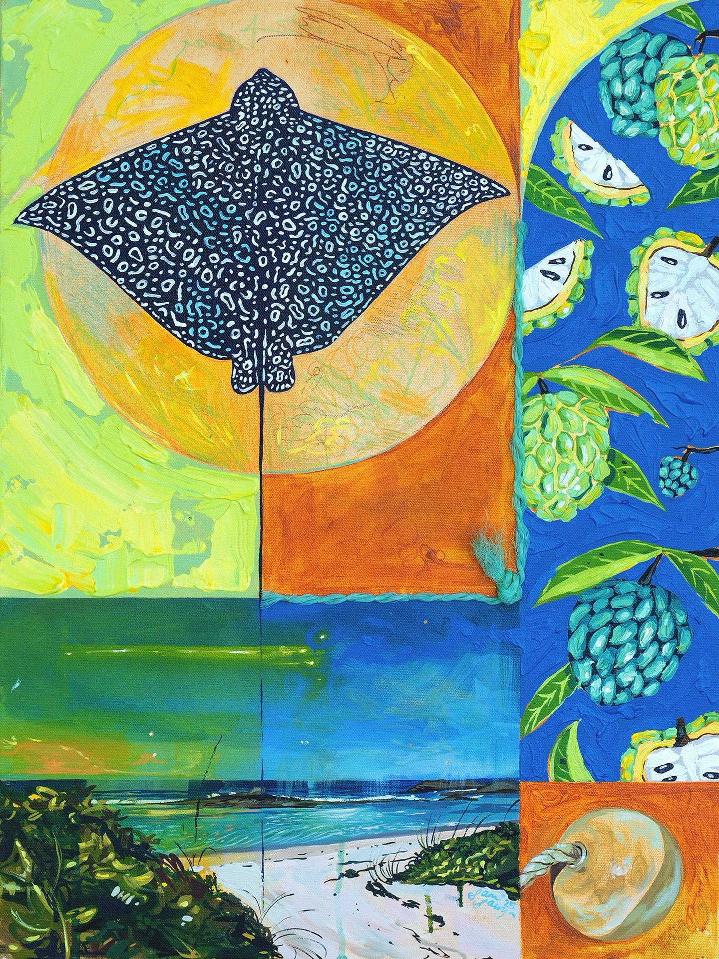 “Ray of Passage”, 2025
18”x24” | Acrylic and found object on canvas
Sold
Continuing to explore composition and discarded objects and their connection to memory and storytelling. “Ray of Passage” is a transitional piece, piecing together the feelings of moving home, the passage of time, and seasonal changes through places, objects, and nature.