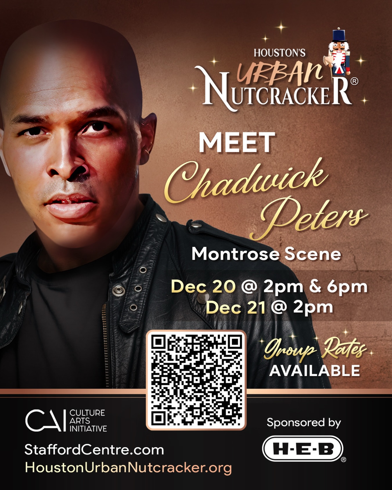 Meet CHADWICK PETERS!
Scene: Montrose
Chadwick Peters is a distinguished graduate alumni of HSPVA and Southern Methodist University. He has won the Meadows School of the Arts Scholarship Award, National Society of Arts and Letters Modern Dance Career Award, Alvin Ailey American Dance Center Scholarship Award, and HSPVA Distinguished Guest Artist Award. A former member of the prestigious Ailey II in NYC, he performed also for Royal Caribbean Productions, and has also appeared in commercials, television and award shows, including the film “Ailey at 50: A Celebration”. In 2021 he was the recipient of the University of Texas’ UTeach Fine Arts Educator of the Year Award, and in 2022, HISD Educator of the Year at Meyerland Performing and Visual Arts Middle School. Mr. Peters is an acclaimed guest artist, teacher, and choreographer for various schools, studios, and productions throughout the Houston area and beyond, and is currently the Director of Dance and Fine Arts Chair at Meyerland Performing and Visual Arts Middle School, since 2013.
Our 7th annual production is less than three weeks away. Tickets are on sale now at HoustonUrbanNutcracker.org or the Stafford Centre’s box office!