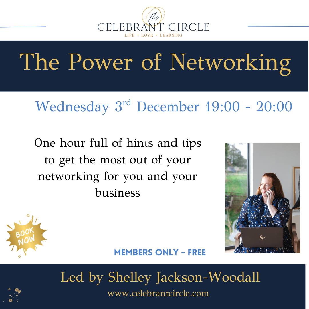 Celebrant Circle offer ongoing development sessions each month to ensure our celebrants are continually learning, honing their skills and growing their business.
December we have two development sessions.
On Wednesday, 3rd December we had 'The Power of Networking.'
An hour of hints and tips to ensure our celebrants gain the most from their networking, ready to build their businesses in 2026.
This was a free session to our members, and is available for futrue members in the video resources libary.
If you'd like to join us in 2026, apply to become a member via our 🕸️
#celebranteducation
#celebrantsupport
#celebrantadvocate
#goldstandardcelebrants
#celebrantcircleuk