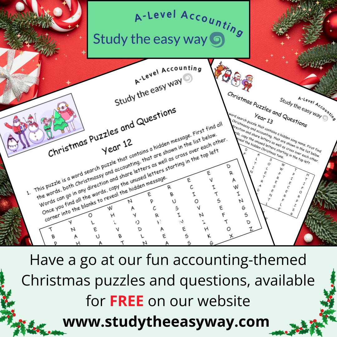 It’s Christmas time! For those of you who’d like to join the festive fun, please visit studytheeasyway.com, where you’ll find puzzle sheets for both Year 12 and 13 students. Carefully designed to cover topics you’ll probably have already studied in A-Level Accounting, plus a few Christmas questions too! Happy Christmas everyone!
#alevelaccounting #aqaaccounting #alevels #alevels2026 #alevelrevision