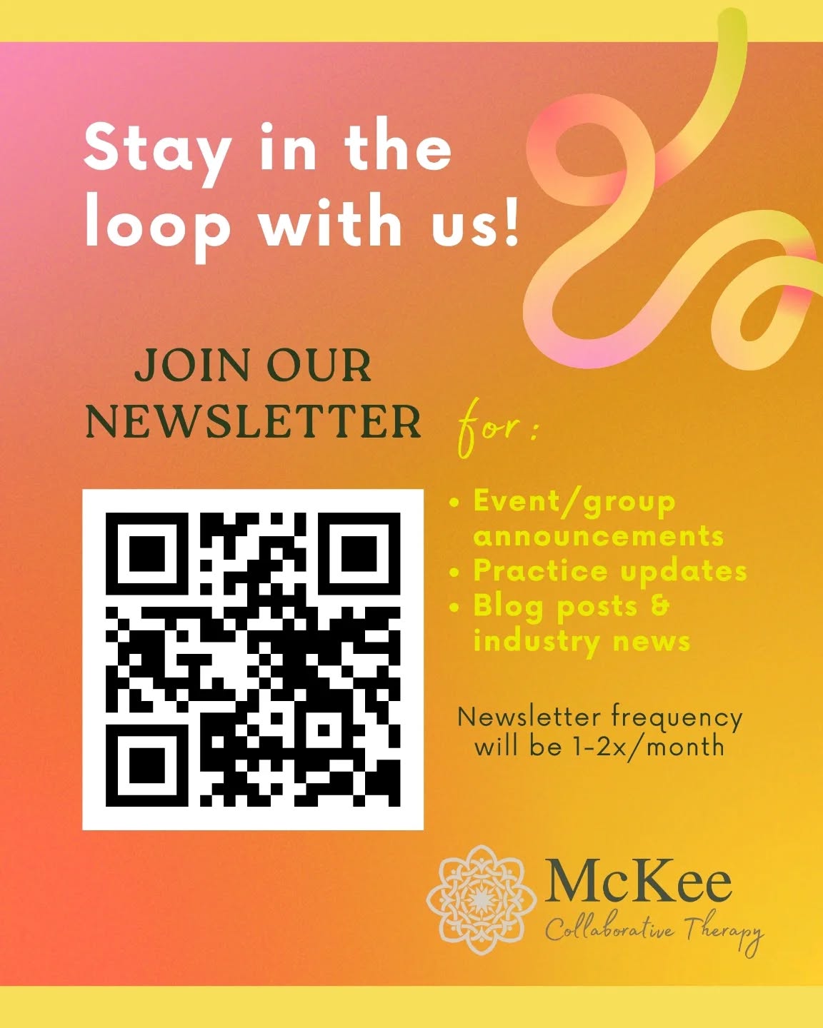 Join our newsletter!
We're working hard behind the scenes to bring you relevant updates, event and group announcements, blog posts and more!
We promise not to "bug" you more than once or twice per month on average, and we hope our updates will be helpful and insightful!
Sign up at the bottom of our website or with this QR code.