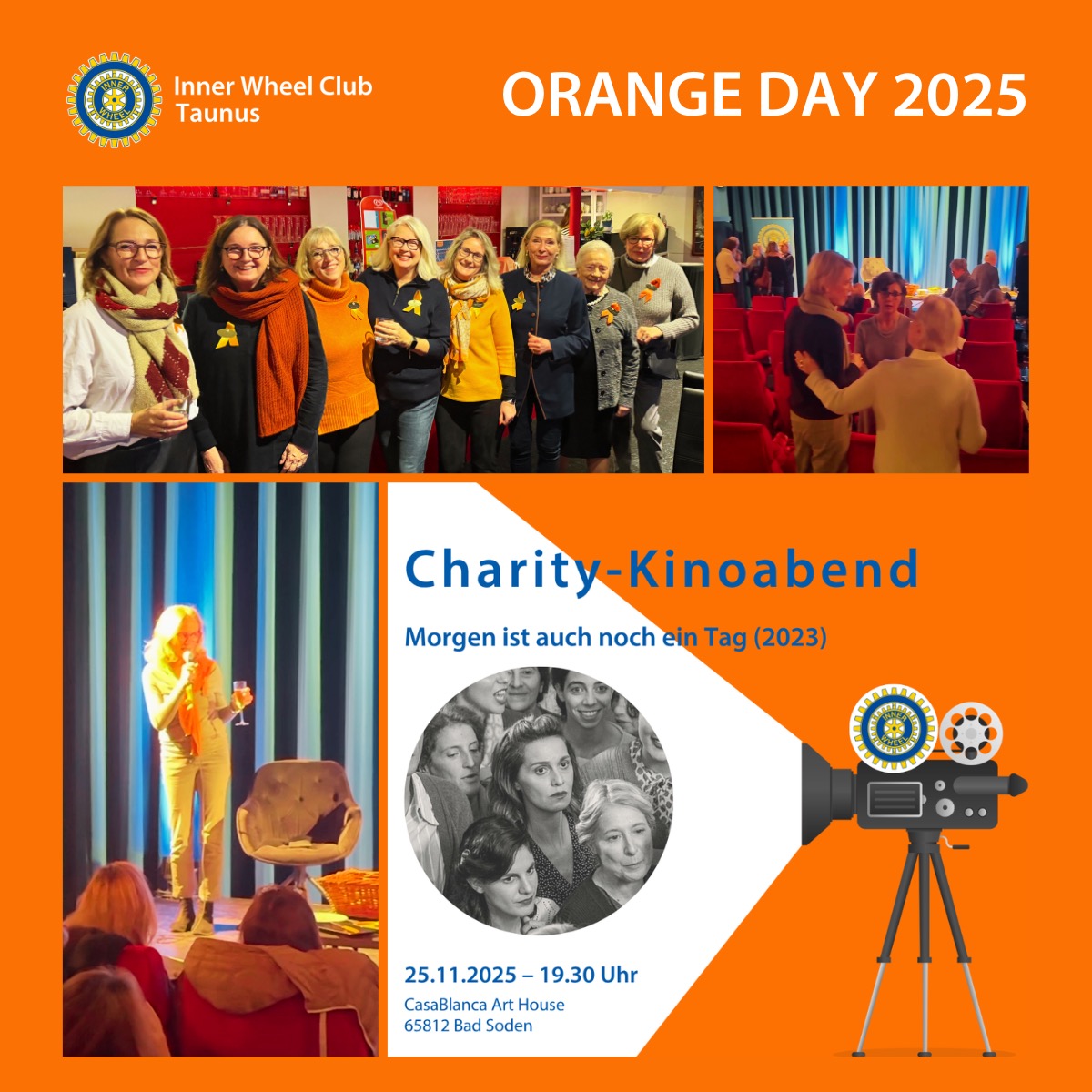 Am 25. November haben wir als Inner Wheel Club Taunus im CasaBlanca Art House einen Charity-Kinoabend zum Orange Day veranstaltet – dem internationalen Tag gegen Gewalt an Frauen und Mädchen.
Der Abend begann mit einem kleinen Empfang und vielen persönlichen Gesprächen. Der Kinosaal war nahezu ausverkauft, und wir haben uns sehr über unsere Gäste gefreut: darunter Petra Gokkenbach von „Frauen helfen Frauen Main-Taunus-Kreis e.V.“ sowie Helene Weissenseel-Weichenrieder, Distriktpräsidentin des Inner Wheel Distrikts 81. Auch zahlreiche Freundinnen aus den Inner Wheel Clubs Frankfurt und Frankfurt Rhein-Main waren dabei – viele von ihnen direkt nach der Orange-Day-Kundgebung auf der Konstablerwache.
Unsere Präsidentin Katrin Schrewe eröffnete anschließend den Abend und machte deutlich, dass Gewalt gegen Frauen kein privates Thema ist, sondern eine gesellschaftliche Aufgabe. Sie erinnerte daran, wie präsent das Problem nach wie vor ist, und dankte all denjenigen, die den Kinoabend vorbereitet haben.
Der Film „Morgen ist auch noch ein Tag“ hat viele tief berührt. Er zeigt nicht den einfachen Ausweg, sondern die ersten Schritte einer Frau, die beginnt, sich gegen die Gewalt in ihrem Leben zu stellen. Diese zurückhaltende, realistische Erzählweise wurde von vielen als besonders eindrucksvoll beschrieben.
Nach der Vorführung blieb Zeit für Austausch – über den Film, über Erfahrungen, über das, was der Orange Day jedes Jahr in den Mittelpunkt rückt.
Vielen Dank an alle, die da waren, den Abend unterstützt haben und mit ihrer Spende „Frauen helfen Frauen Main-Taunus-Kreis e.V.“ stärken.
Gemeinsam setzen wir ein Zeichen.
#OrangeTheWorld #OrangeDay #InnerWheelClubTaunus #InnerWheel #Frauenrechte #GegenGewaltAnFrauen #StopViolenceAgainstWomen #BadSoden #CasaBlanca #CharityEvent #FrauenHelfenFrauen #Solidarität #IWDeutschland #OrangeTheWorld2025