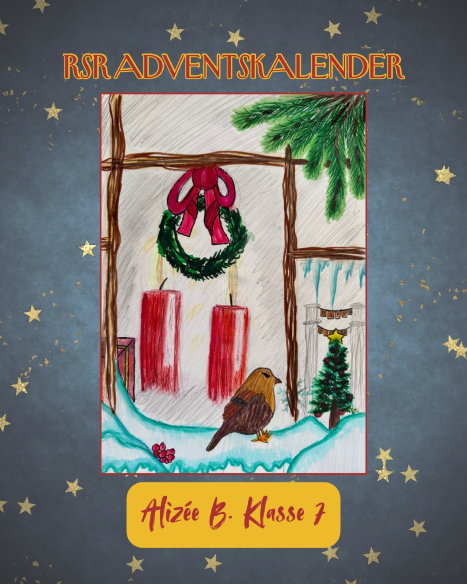 Türchen 7 bringt uns Adventszauber pur: Kerzenschein, Tannengrün und ein kleiner Vogel, der uns still in der Vorweihnachtszeit begleitet. Wunderschön gezeichnet von Alizée ✨❄️