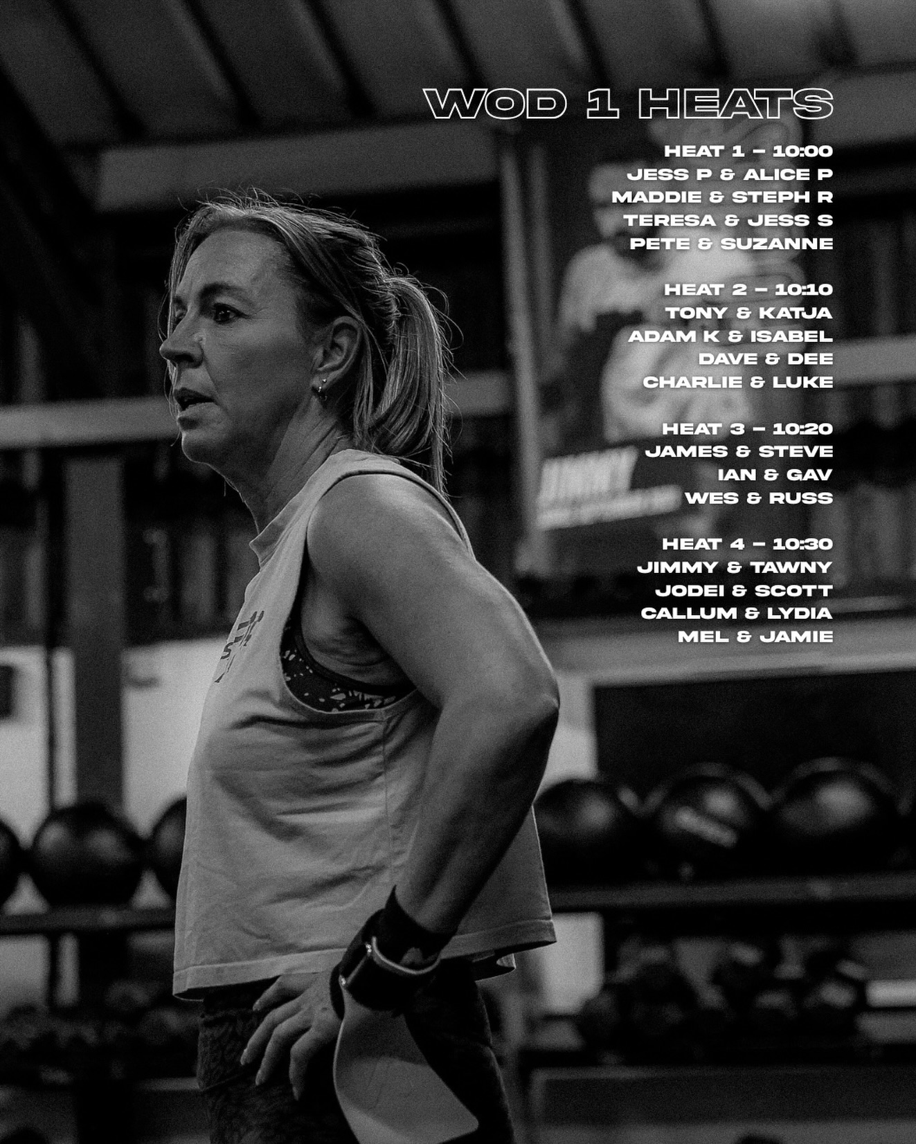 WOD 1 – Heat List & Start Times 🔥
MFG X-Mas In-House Comp is soon to kick off!! Here are your heats for WOD 1 — let’s bring the energy team! ⚡️
Heat 1 — 10:00
• Jess P / Alice P
• Maddie / Steph R
• Teresa / Jess S
• Pete / Suzanne
Heat 2 — 10:10
• Anthony / Katja
• Adam K / Isabel
• Dave / Dee
• Charlie / Luke
Heat 3 — 10:20
• James / Steve
• Ian / Gav
• Wes / Russ
Heat 4 — 10:30
• Jimmy / Tawny
• Jodie / Scott
• Callum / Lydia
• Mel / Jamie
Let’s go smash WOD 1! ☃️
📷: @george.s1417
#MFGXMasComp #WOD1 #Heats #CommunityStrong