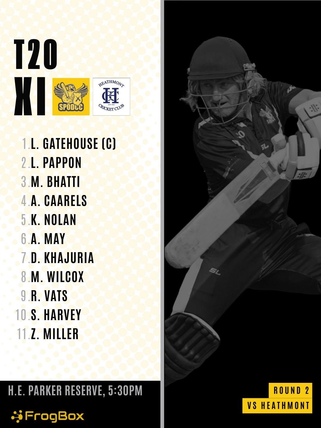Tonight we take on Heathmont CC in our second ECA T20 game.
Youngster Luke Gatehouse will be captaining the side for the first time, and we welcome our marquee player Matthew Wilcox into the side also.
Matt is the current captain of Prahran CC, having played 180 premier 1XI games, to go with 270 wickets and over 1500 runs. We look forward to seeing Matt in action and the experience he will bring to the side.