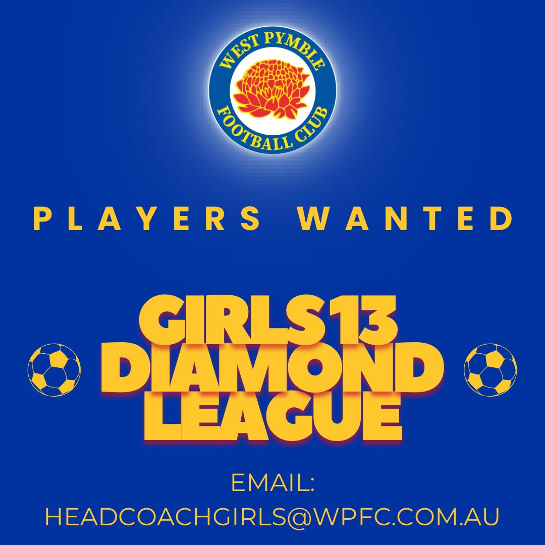 G13 Diamond League looking for players! 💛💙
Our 13 diamond league is looking for 1-2 more players for their 2025 team! Diamond league is a great experience for anyone looking for a little more competition, more trainings & professional coaching.
Some of the perks of Diamond League are:
- Professional coach and x2 training per week and Sunday morning game
- Preseason training starting in February 2026
- In season training Tuesday and Thursday evenings
- Great chances to make new friends outside of school
- Both fun and competitive football
- Making friends for life
If you are interested don’t hesitate to reach out now! Email
headcoachgirls@wpfc.com.au