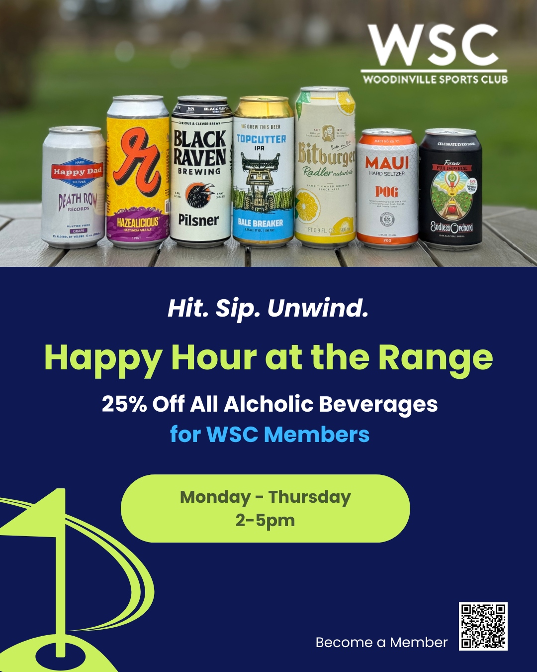 WSC Members Perk Alert
NEW: Happy hour at the range
25% off draft beer, wine, seltzers & specialty drinks! 🏌️♂️🍻
📍 WSC Golf Range | Mon–Thurs | 2–5 PM
#WSCMembers #GolfHappyHour #DrivingRange #WoodinvilleSportsClub #HitSipUnwind #PNWGolf