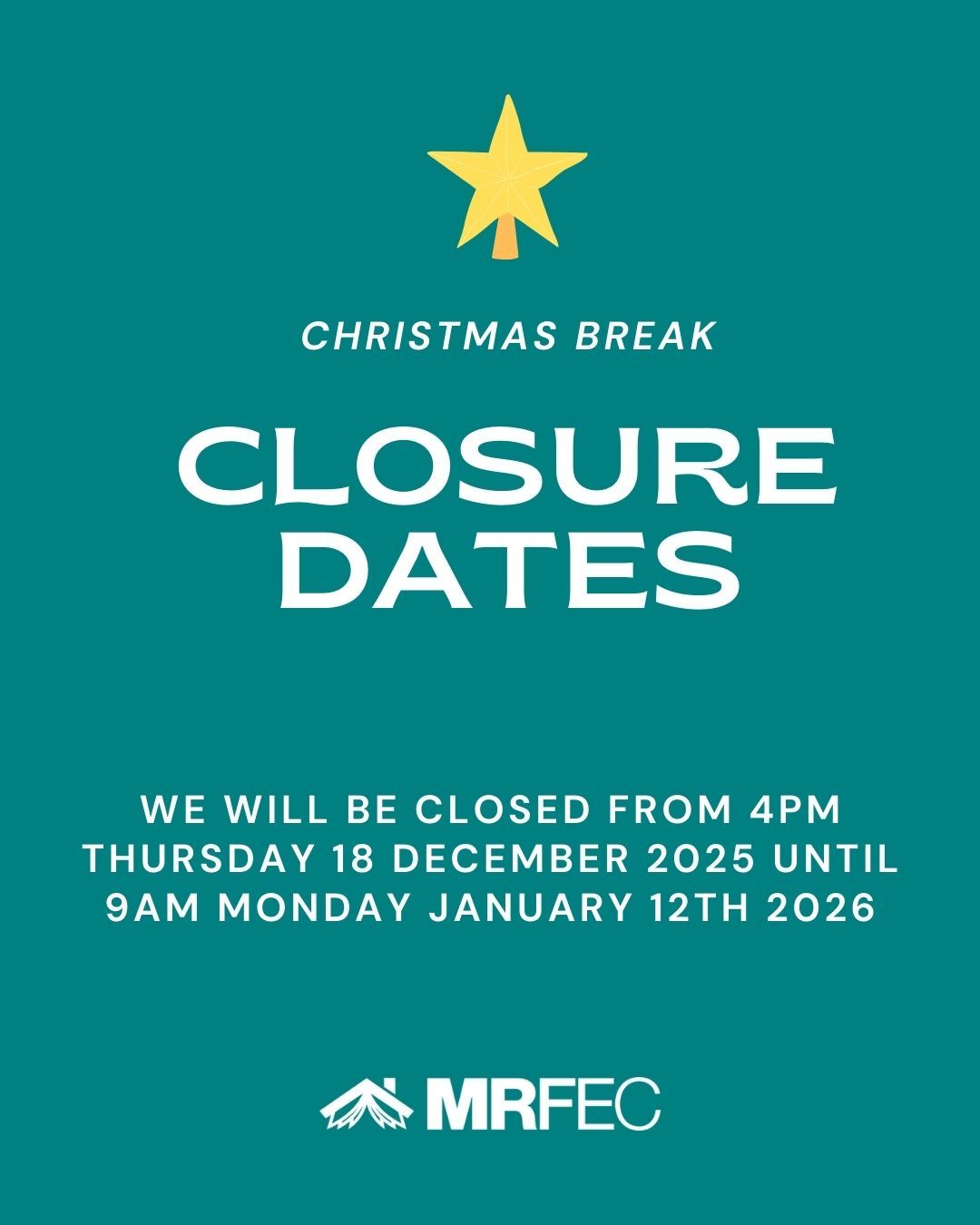 Well well well! It has come to the time of year where we are closing up shop to allow our staff, volunteers and tutors to have a well deserved rest over the festive period.
We extend our heartfelt thanks to all of those who have been involved with MRFEC this year - whether you've popped your head in to take a look at our Course Guide; attended a workshop, course or event; or have even just taken a glance at our website. We appreciate any gesture, big or small! 😁
If you have any questions or inquiries for us before the end of the year, make sure you contact us by phone or visit us in office by 4pm TODAY Thursday 18th December. Otherwise, we look forward to seeing you Monday the 12th of January for Term 1 2026 Enrolments 💐😄
See you in 2026! 👏