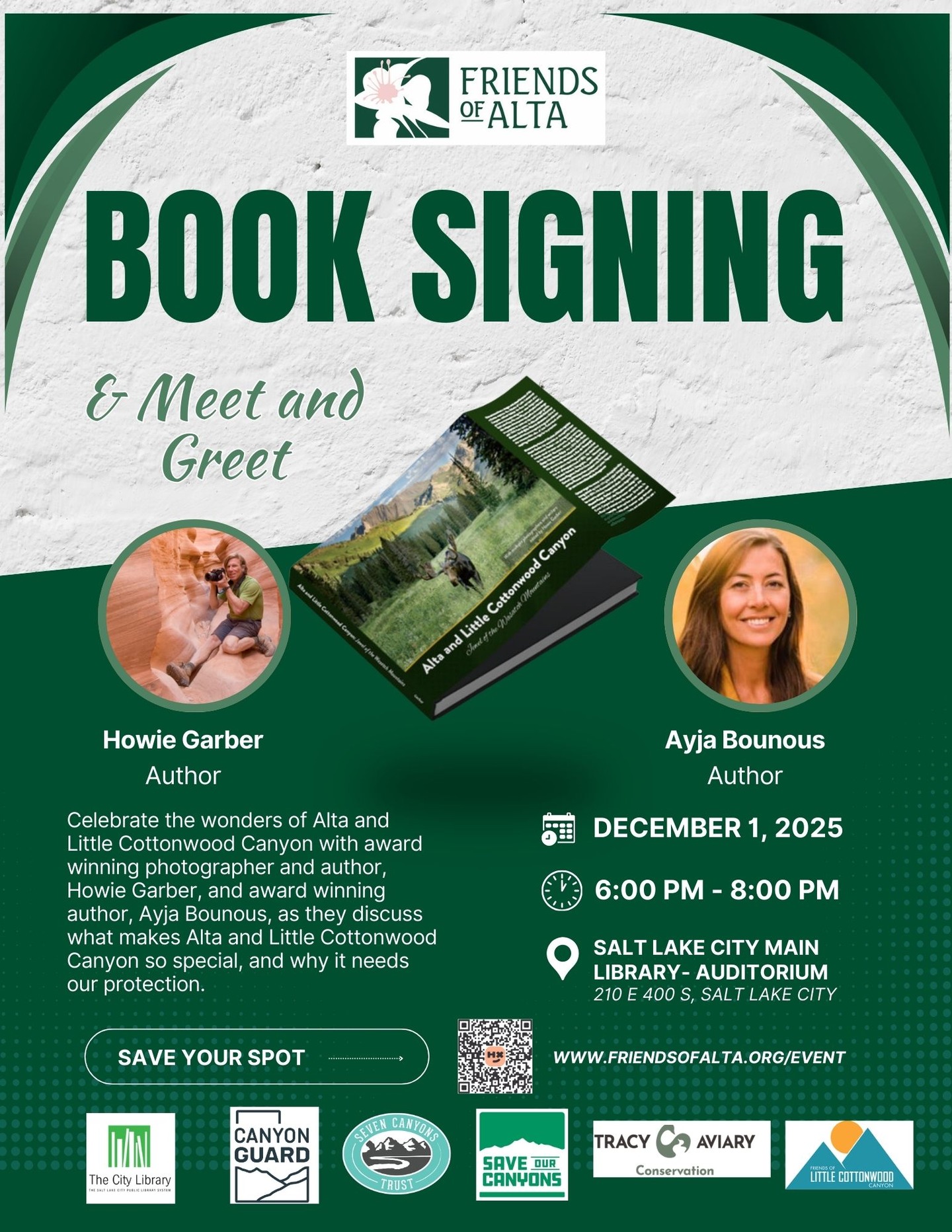 Join us next week for this incredible book signing event at the Salt Lake Public Library. Hear from renowned authors @ayjabounous and @howiegarberphotography about why they love Little Cottonwood Canyon! Plus, get your copy of "Alta and Little Cottonwood Canyon: Jewel of the Wasatch" signed by the authors after.
RSVP encouraged but not required. Link in bio or https://events.humanitix.com/howie-garber-book-signing
Stop by our partner nonprofit booths during the event to learn all the latest news for them!
@canyonguard
@sevencanyonstrust
@saveourcanyons
@tracyaviaryofficial
@friendsoflcc