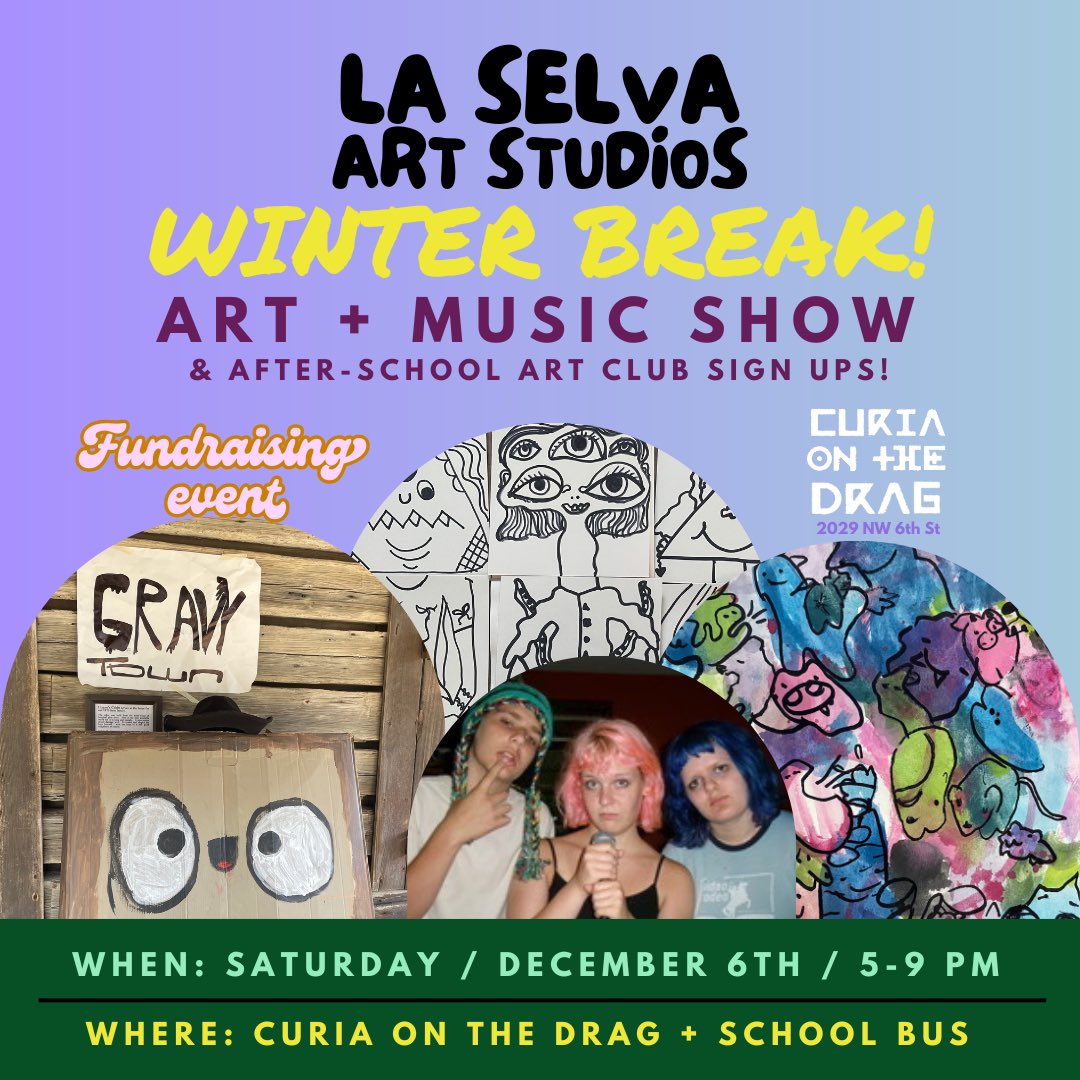 🌈La Selva Art Studios Winter Break Art + Music Show is coming up!! In one week, we look forward to seeing you @curiaonthedrag ! We are showcasing all the digital art projects over the years and adding some interactive art games. By donating to this art program, you are helping keep art in our Gainesville community while also supporting upcoming local artists! Keep the arts alive and donate to this cause 👩🏻🎨
