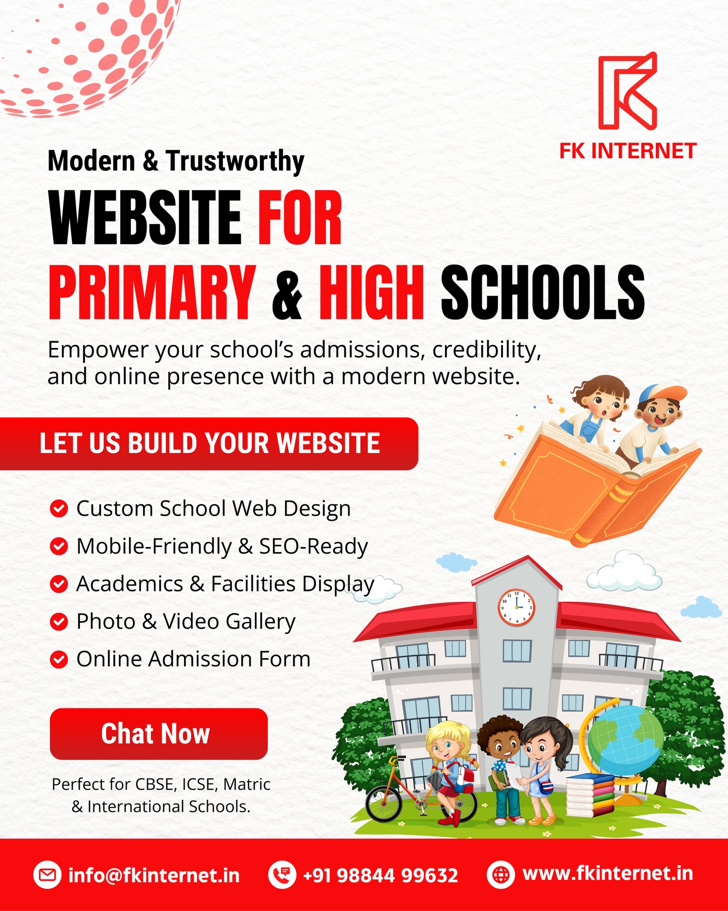 Transform Your School’s Online Presence ✨
Every modern school needs a website that builds trust, boosts admissions, and showcases what makes them unique. 🎓✨
We design beautiful, mobile-friendly, and SEO-ready school websites that help parents get the right information and help schools create a strong digital identity.
Here’s what your school website can include:
🏫 Academics & curriculum display
📸 Photo & video gallery
🧒 Facilities & activities showcase
📝 Online admission/enquiry forms
📱 Fully responsive mobile design
⚡ Fast, secure & easy to navigate
Perfect for CBSE, ICSE, Matric & International Schools looking to strengthen credibility and admission flow.
Ready to modernize your school’s website?
👉 DM us or visit www.fkinternet.in to get started!
💻 Designed by FK Internet
📞 +91 98844 99632
📞 +91 88383 54448
📧 info@fkinternet.in
#schoolwebsite #educationwebsite #schooladmissions #websitedesign #fkinternet #webdesignindia #schoolbranding #onlineschool #webdesigner #businesswebsite #digitalpresence #educationbusiness #cbse #icse #matricschool #schoolmarketing