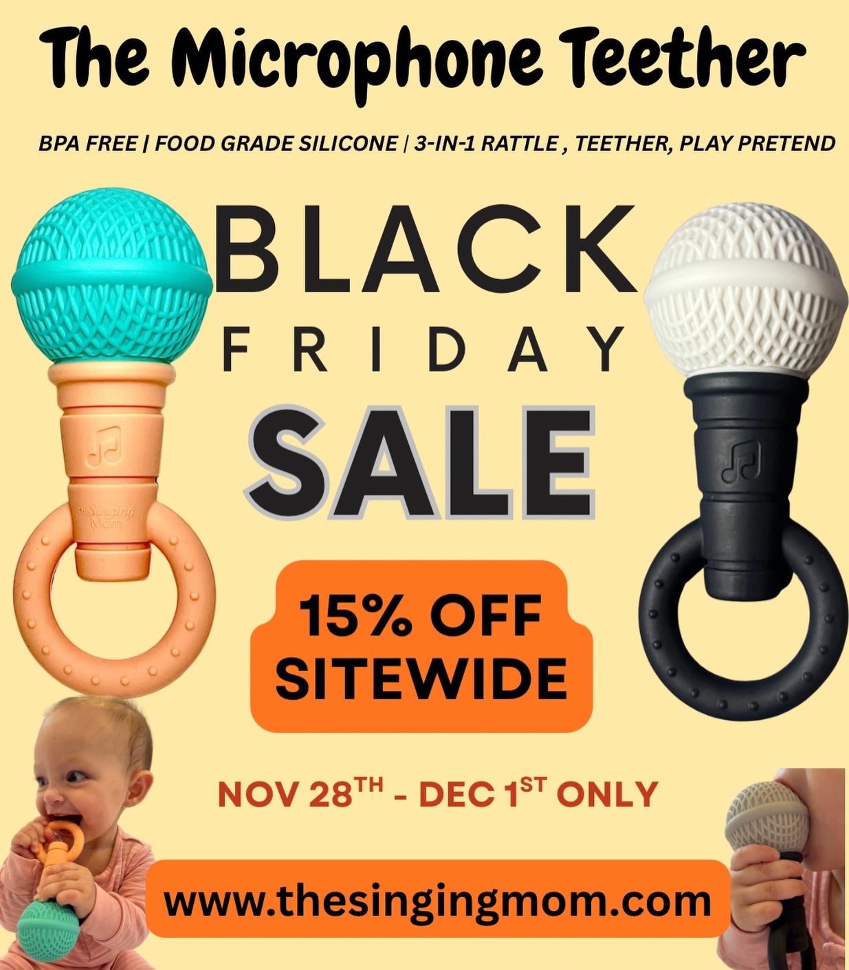 STARTS TOMORROW! Use code BLFRDY25 to get your microphone teether rattle toy 🎤 🎉 Check our profile for more details!
#blackfriday #babyteether #teethertoys #microphoneteether #giftforbaby #teething #microphone #singingbaby #playpretend #bpafree #rattletoy #rattle