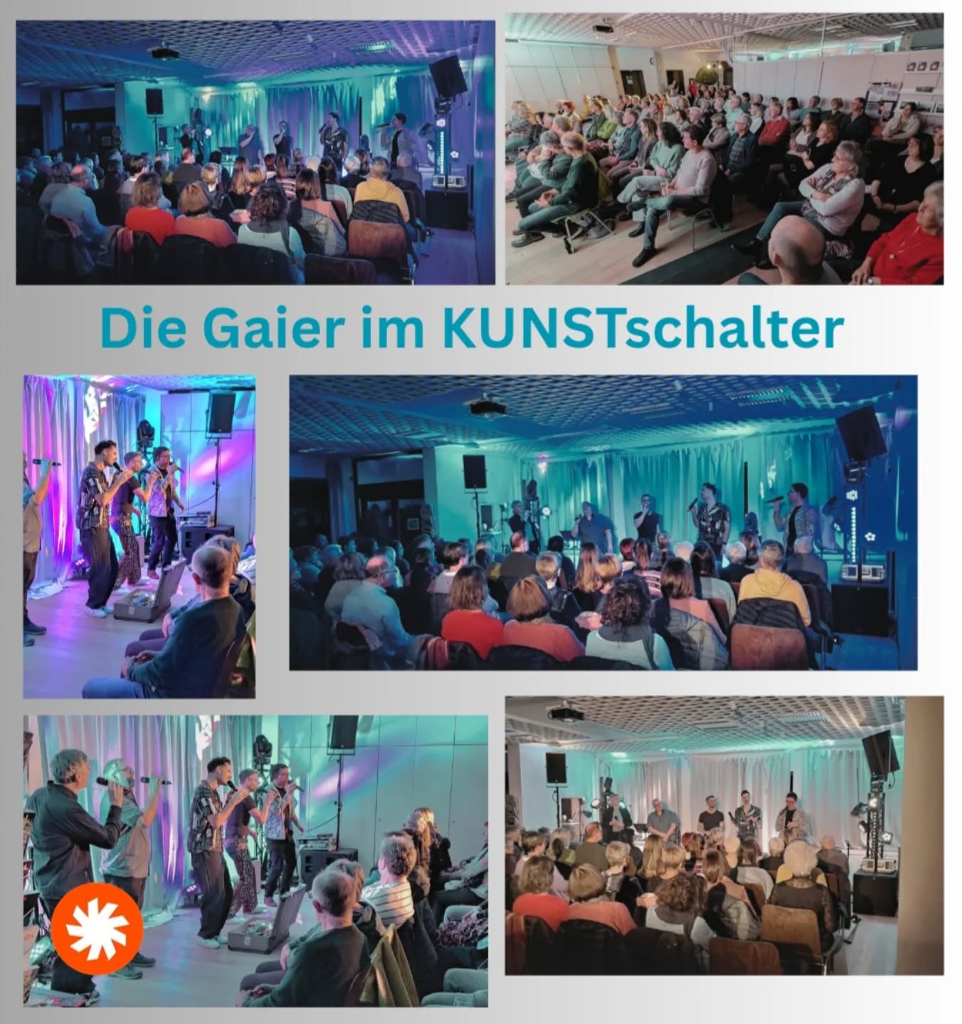 Ein voll besetzter KUNSTschalter...
...ein schon zur Hälfte ausverkauftes Zusatzkonzert...
...beste Stimmung und tolle Stimmen...
Das sind die GAIER!!!
Wie erwartet haben sie unser Publikum begeistert und mitgerissen...
Eine spannende Darbietung der 5 Sänger mit guter Tonabmischung und passender Lightshow.
Viele Besucher waren zum ersten mal bei uns im KUNSTschalter und es gab viel positives Feedback für unsere Location.
Das freut unseren Verein und uns "Ehrenamtler" (die viel Arbeit und Herzblut in dieses Projekt stecken) natürlich sehr!
Es erfüllt uns mit Stolz zu erleben, welch schöner Kulturort hier entstanden ist.
Danke für die Wertschätzung🩷!