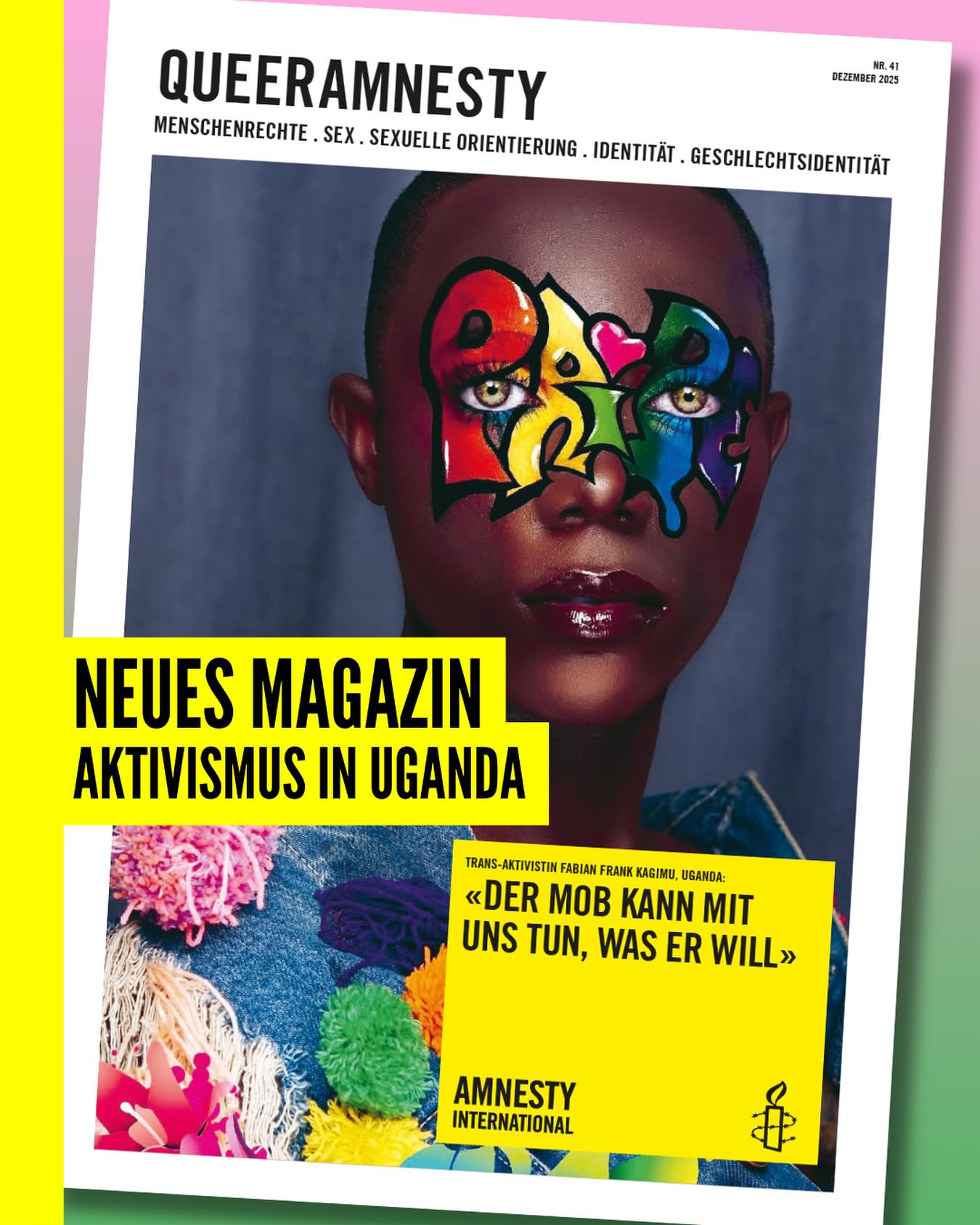 🌈 Unser neues Queeramnesty Magazin ist da! Jetzt über den Link in unserer Bio lesen. 💛
Diese Ausgabe beleuchtet drei zentrale Themen:
🇺🇬 UGANDA: Brutale Repression – trans und queere Menschen leben dort in ständiger Gefahr.
🇨🇭 SCHWEIZ: Politische Angriffe auf Trans Rechte nehmen zu – die Community hält dagegen.
🏳️🌈 QUEERE JUGENDLICHE: Diskriminierung und Ablehnung erhöhen massiv die Risiken für die mentale Gesundheit.
✨ Wir heben ausserdem die wertvolle Arbeit von Focus Refugee hervor, die queere geflüchtete Menschen unterstützen und stärken.
#QueerRights #LGBTQIA+ #LoveIsLove #Pride #RainbowFamily #VisibilityMatters #AsylumForAll #RefugeeRights #ProtectRefugees #SafeHaven #NoBorders #HumanRights #Activism #instagood #FightForEquality #EndDiscrimination #StandUpForRights #SwissActivism #love #QueerSwitzerland #ZurichPride #YouAreNotAlone #TogetherWeRise #CommunityLove #Solidarity #HopeForTheFuture #QueerAmnesty #ChangeMakers #NonProfit #SupportQueerYouth