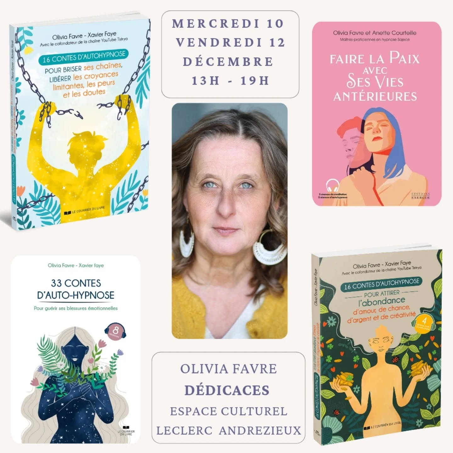 Je serai mercredi 10 et vendredi 12 décembre de 13h à 19h à l @culturel_leclerc_andrezieux .
J'adore aller là bas. L'équipe est géniale et j'ai toujours été merveilleusement bien accueilli depuis le début (2020). En plus Andrézieux a été la ville ou j'ai grandi et où je suis allée à l'école maternelle et primaire.
Donc je suis très heureuse de pouvoir y retourner et de rencontrer les gens qui me suivent depuis des années là bas.
