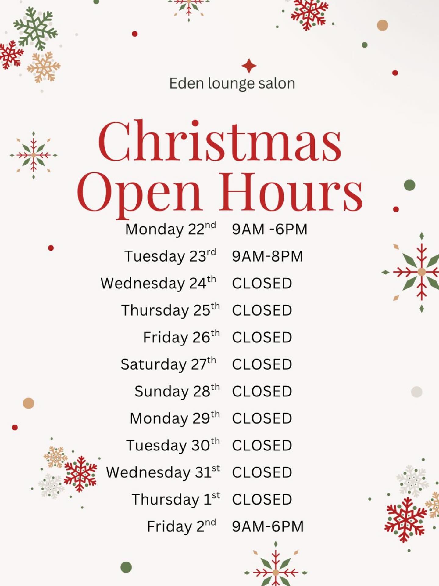 Our Christmas opening hours