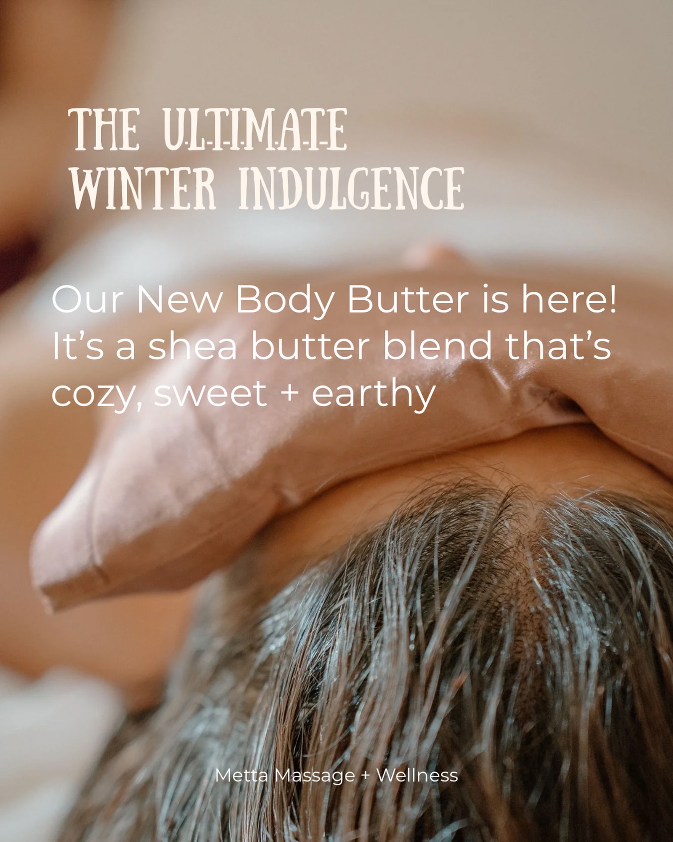 Metta’s new holiday edition body butter feels like a warm winter hug.
We’ve blended skin-loving shea butter with a hint of sweet orange, a little clove, grounding cedarwood +
a drop of vanilla.
Winter has a way of creeping into your shoulders, your low back + the little muscles along your spine. Everything feels tighter + more guarded, as your body braces against the cold.
This indulgent Massage treatment softens the tension.
The nourishing shea butter melts into parched skin.
The clove + cedarwood warms + soothes achy muscles.
The orange lifts your mood.
And the vanilla is just pure comfort.
If you’ve been feeling the cold in your body lately, this one was made for you. 🤍