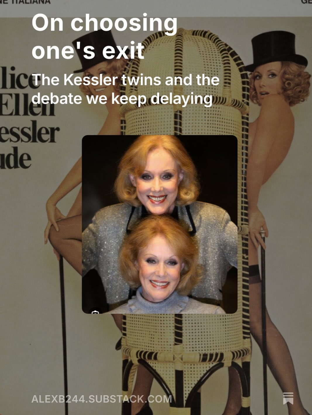 Exactly a week ago the Kessler twins chose to die. Their final choice was an act of autonomy, not despair. Their story reminds us that dignity at the end of life matters — and that the debate on assisted dying in the UK is overdue. Read my Substack post, link in bio
#AssistedDying #DignifiedDeath #EndOfLifeCare #RightToChoose
#Autonomy #KesslerTwins #SubstackWriters #CulturalCommentary
#CompassionInDying #HumanRights