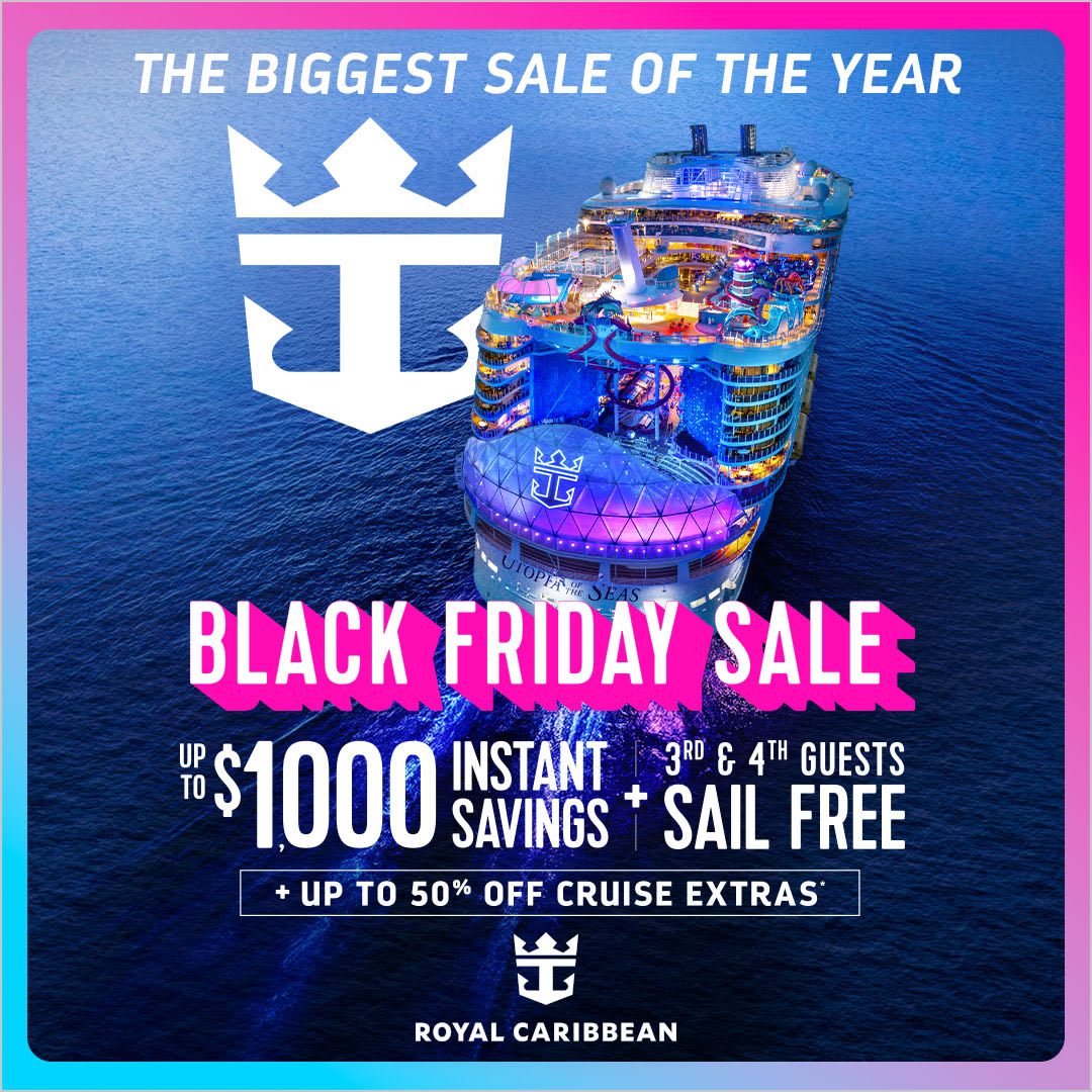 Go big with Black Friday savings on the world’s most iconic ships. Right now, score huge with Royal Caribbean's boldest offers ever — like up to $1,000 in instant savings, 60% off your second guest, and your 3rd and 4th guests sail free.
Contact me today at book@cloud44travel.com to hear about even more deals to stack on 😎