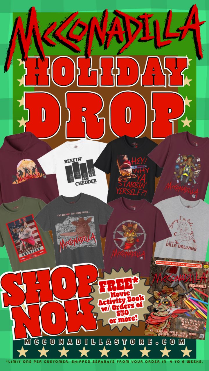 Join the #DillaArmy this holiday season! Our official store is stocked and ready to roll fer yer gifting needs. With gifts for all ages, featuring all original, custom designs featuring yer favorite #FabricatedAmericans! Visit www.mcconadillastore.com today! (Link in story and bio) #mcconadillamovie #shopsmall #independentartists #originalartwork