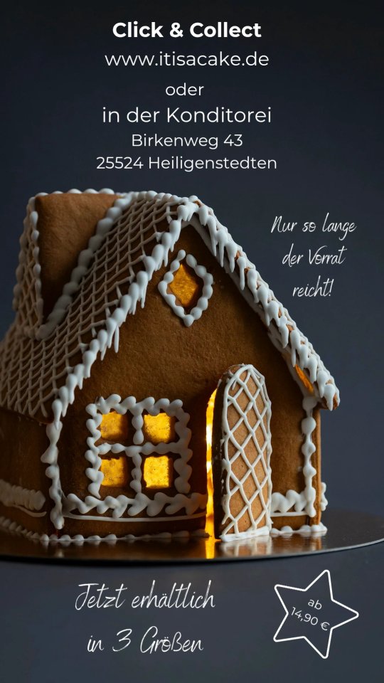 Die Lebkuchenhäuser sind wieder da – frisch gebacken und in S, M und L erhältlich. 🎄🏠
• S – 14,90 €
• M – 24,90 €
• L – 34,90 €
Die Größen S und M haben wir regulär im Verkauf. Größe L backen wir auf Bestellung – damit alles frisch bleibt und ihr genau bekommt, was ihr braucht.
Kommt gerne vorbei oder nutzt unser Click & Collect im Onlineshop. So können wir besser planen und bei Bedarf direkt nachproduzieren. 🤝✨
Onlineshop auf www.itisacake.de
Konditorei Birkenweg 43 in 25524 Heiligenstedten
Eure Julia ❤️
#lebkuchenhaus #weihnachtszeit #handgemacht #konditorei #patisserie #adventszeit #weihnachtsbäckerei #smallbusiness #itzehoe #clickandcollect #heiligenstedten