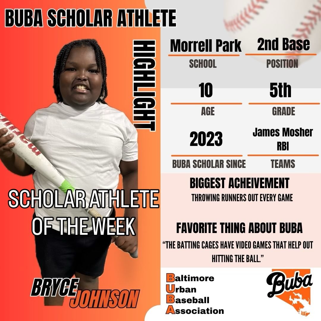 BUBA Scholar Athlete of the Week
Meet Bryce Johnson, a 10-year-old 2nd baseman and 5th grader at Morrell Park. A BUBA Scholar since 2023, Bryce is known for his strong defense — consistently throwing runners out every game.
His favorite part of BUBA?
“The batting cages have video games that help with hitting.”
Way to go, Bryce!
#BUBAScholars #ScholarAthlete #BaltimoreYouth #YouthBaseball