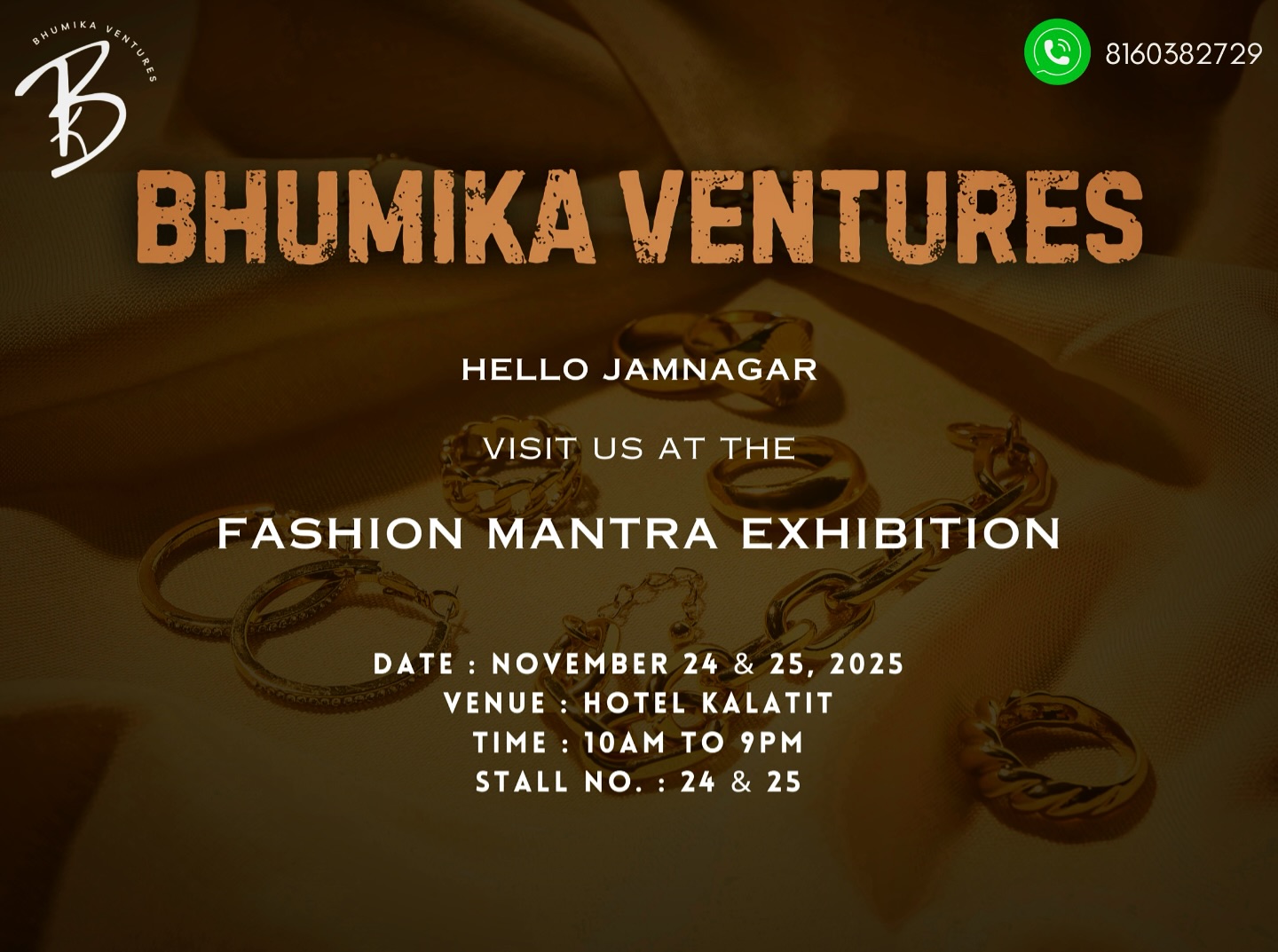 Exclusive first preview of our latest arrivals.. only at our exhibition stall in Jamnagar โจ
See you at the Fashion Mantra exhibition. Stall : 24 & 25 ๐๏ธ๐
.
.
.
.
.
.
.
.
.
#bhumikaventures #accesories #accesorios #jewellery #jewelry #fabrics #fabric #dressmaterial #kurti #clothing #lifestyle #fashion #fashionmantraexhibition #exhibition #event #jamnagar #jamnagaronlinemarketing #stall #stationery #student #women #womensupportingwomen #business #necklace #ring #earrings #bracelet #beauty #kaarikastudio #thestationerystudio