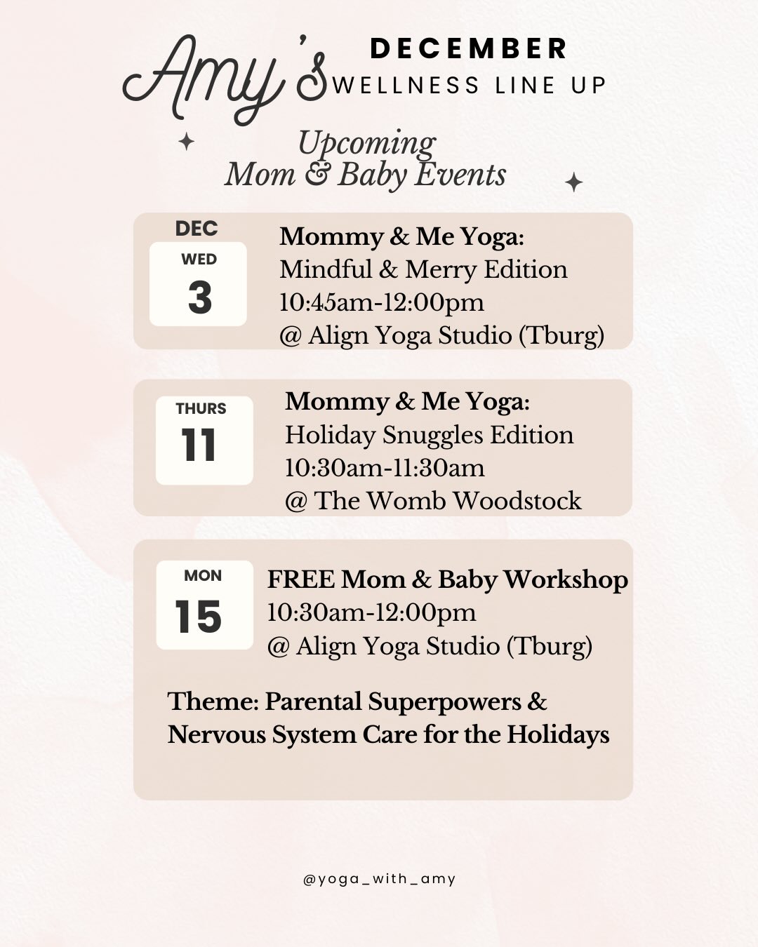 ✨ December Wellness Lineup ✨
Whether you’re craving nervous system support, more restful rhythms for your little one this holiday season, or a cozy moment to reconnect with your body— I’ve got some special offerings to support you (and those with little ones) during this busy season 🎄✨ 🎅🏻
🧘♀️ Yoga Offerings
From Mindful & Merry Mommy & Me Yoga, to a special Holiday Snuggle PJ Yoga sessions to peaceful Wednesday evening Gentle Hatha Yoga, each class is designed to help you slow down, soften, and settle into the season with more ease.
🌙 Nurtured Infant Sleep Support (0–3 years)
Online 1:1 sessions to help you understand your little one’s sleep through the lens of nurtured neuroscience — with gentle action steps, compassion-led guidance, and support that meets your family right where you are. Holiday magic doesn’t require sleepless nights- give your baby’s sleep (and yours) the gift of support and rhythm even amongst the holiday shuffle 😴
💛 Somatic Soothe Sessions
Body-based support to help you release stored tension, regulate your nervous system, and feel more grounded and alive. This is what I’m making sure I don’t skip on for my own system this holiday season! Available online or in person 💌
This month is full of invitations to reconnect — with yourself, with your baby, with your body’s wisdom. To move into the holiday season with intention and gentleness with yourself, your family and your calendar.
May the final stretch of 2025 meet you with ease, warmth and a return to what matters and what nourishes you most ❤️
🔗 in bio to book a class or session! 🫶🏼