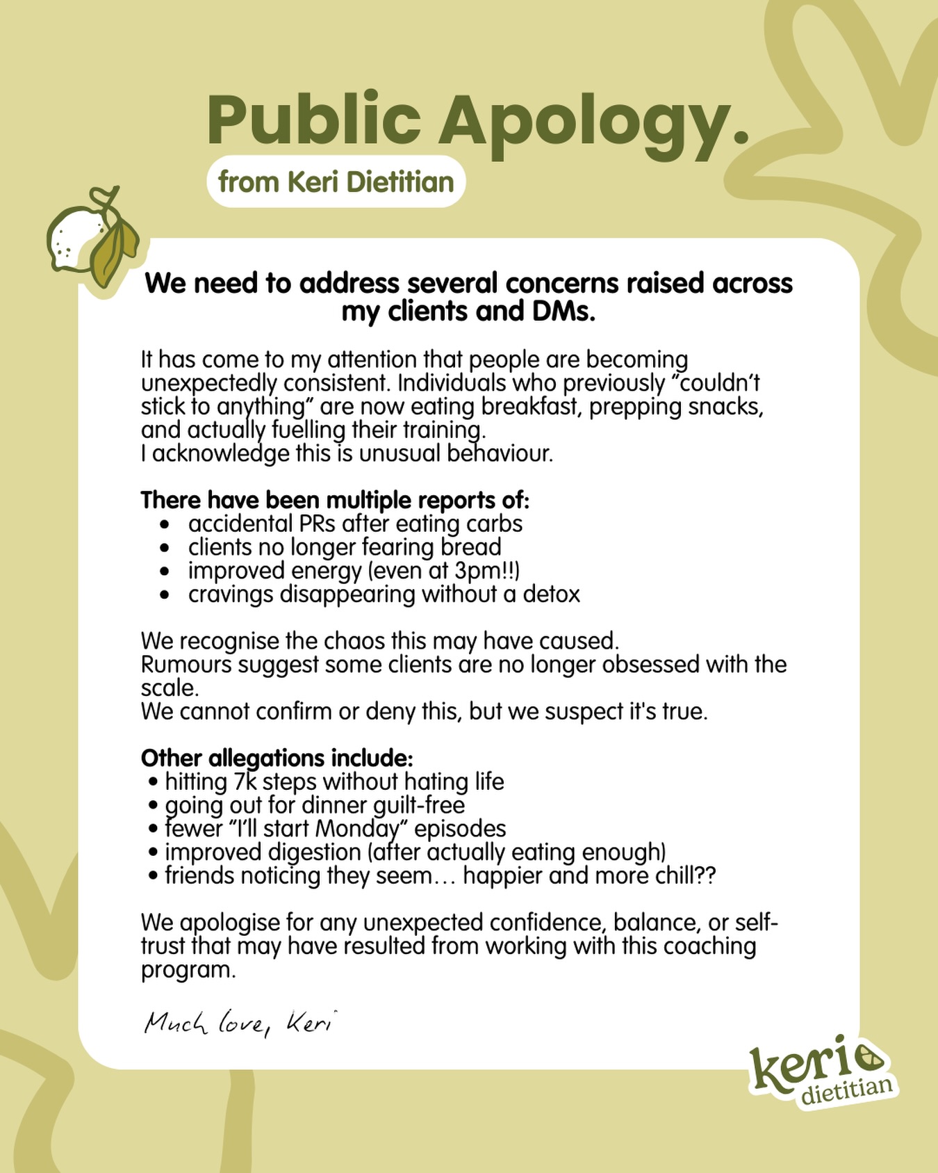 SO much to apologise for. 😂
But here we are.
Accidental confidence everywhere.
Unexpected stability.
Clients out here enjoying their food and their life.
Truly chaotic behaviour.
If you’re ready to experience these “concerning side effects” yourself…
👉 My end-of-year coaching intake is officially open.
⚡️ 4 months of 1:1 coaching for the price of 3, until Friday only.
DM me INTAKE and I’ll send you the details 💛🔥