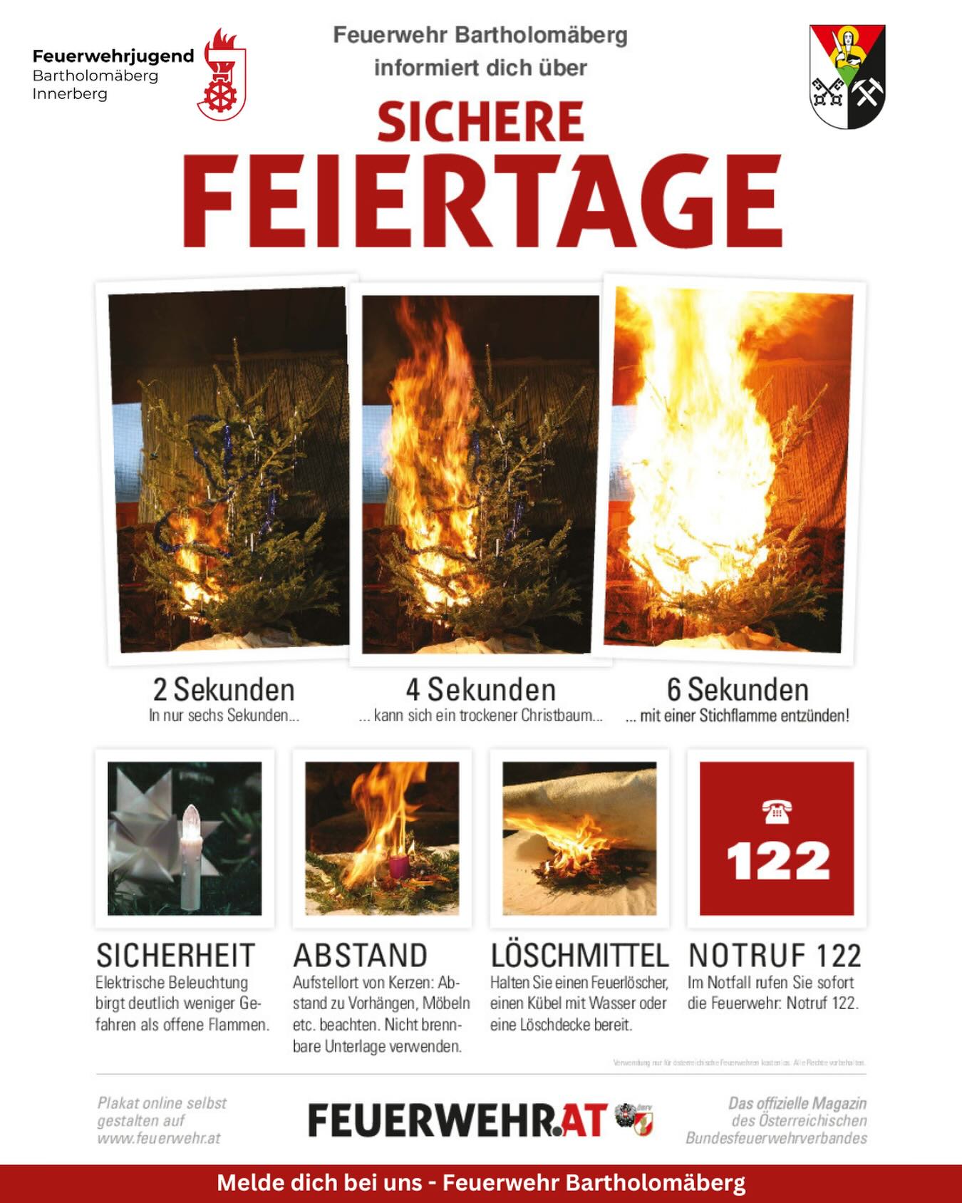 6 Sekunden. 🔥 Länger braucht es nicht, bis ein trockener Christbaum in Vollbrand steht. Die Bilder zeigen eindrucksvoll, wie rasend schnell aus gemütlicher Weihnachtsstimmung eine echte Gefahr werden kann.
Damit euer Fest besinnlich und vor allem sicher bleibt, beachtet bitte die Tipps eurer Feuerwehr Bartholomäberg:
💡 Sicherheit: Elektrische Lichter (LEDs) sind deutlich sicherer als offene Flammen. 📏 Abstand: Haltet genug Distanz zu Vorhängen, Möbeln und brennbaren Unterlagen. 🪣 Löschmittel: Ein Eimer Wasser oder ein Feuerlöscher in Griffweite können Schlimmeres verhindern. 📞 Notruf 122: Zögert im Ernstfall keine Sekunde!
Wir wünschen euch wunderschöne Feiertage ohne böse Überraschungen. Passt auf euch auf! 🚒✨
#FeuerwehrBartholomäberg #SichereFeiertage #Achtung #Brandgefahr #Weihnachten #SafetyFirst #Notruf122 #Vorarlberg #Feuerwehr