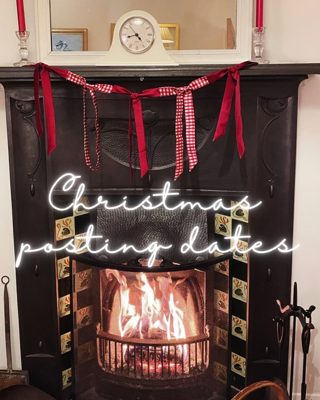 Christmas posting dates!
I don’t give set cut off dates for orders as it can be difficult to predict each year but I would recommend opting for my tracked shipping upgrade for international orders. I would also always recommend ordering sooner rather than later although my brother has incredible luck winging it last minute with presents and they arrive!
My last trip to the post office will be Monday 22nd December and will be around midday. For UK orders being dispatched on the 22nd, I’d recommend opting for the special delivery upgrade which should arrive the next day.
I then won’t be posting again until 30th December because of how the festive dates fall!
Image description- A black fireplace with a fire lit and five silk ribbons tied into bows alternating between deep red and a red gingham print hung as a garland from the mantlepiece. Text overlaid reads Christmas posting dates
Then the same image twice with text as in the caption above added on top