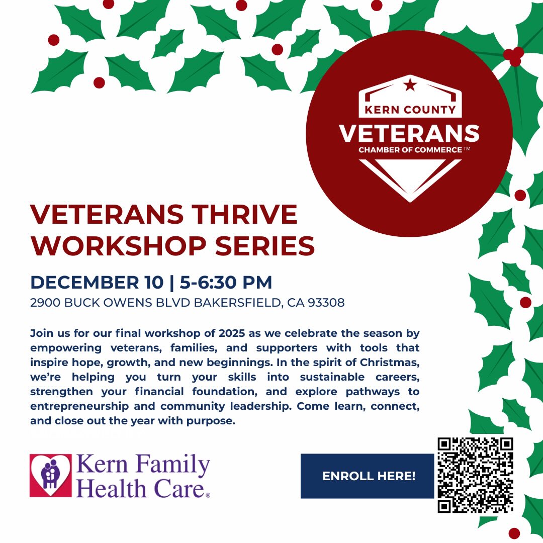 🚨 Attention Veterans, Families & Supporters! 🚨
Our final Veterans Thrive Workshop of 2025 is HERE! 🇺🇸✨
Dec 10 | 5–6:30 PM | Kern Family Health Care | 2900 Buck Owens Blvd, Bakersfield, CA
Get mission-ready with:
🧠 Mental health support
💼 Career & entrepreneurship tools
💰 Financial readiness
🎄 Holiday resource fair
🎁 FIRST 20 TO REGISTER enter to win a Holiday Care Package worth over $100!
Don’t miss the final briefing of the year — REGISTER TODAY.
https://www.eventbrite.com/e/veterans-thrive-workshop-series-tickets-1693944717249?aff=oddtdtcreator
Tag a Vet. Share with your squad. 🫡🔥
#VeteransThrive #KCVCC #VeteranStrong #BakersfieldVets #MilitaryFamily #VeteranSupport #HolidayEvent #CommunityFirst #VetLife #KernCountyVets #BlackVeterans #VeteranWellness #EndTheYearStrong #SupportOurVets