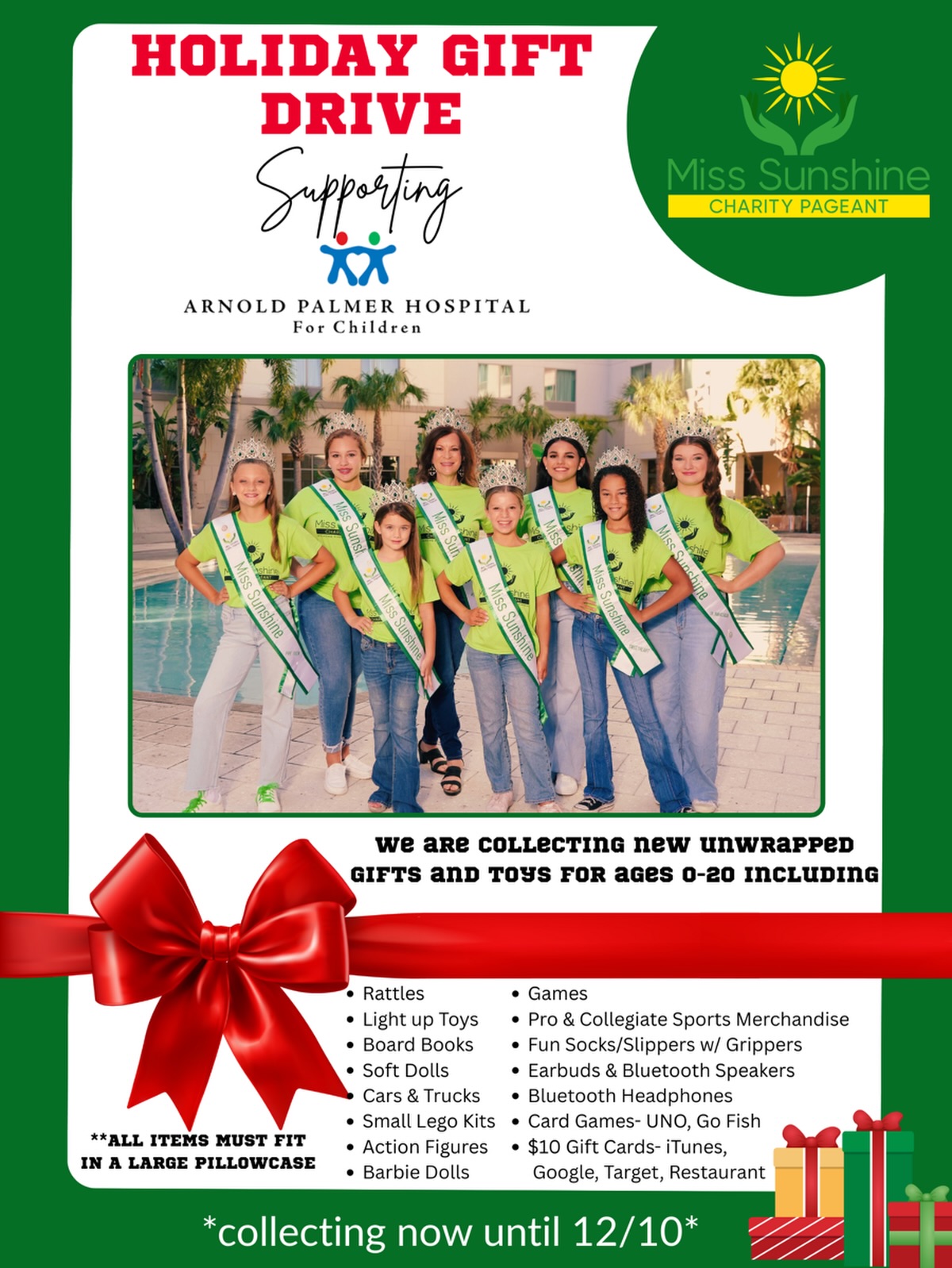 🎁 Giving Tuesday may be over, but our mission isn’t!
We’re still working toward our goal of collecting 200 gifts for the children at Arnold Palmer Children’s Hospital, and you can still help! 💛
Our Amazon Wishlist is open until December 10th, so it’s not too late to brighten a child’s holiday.
👉 Wishlist: www.tinyurl.com/sunshinegiftdrive
Every single gift — big or small — makes a difference. Let’s keep the momentum going!☀️💚