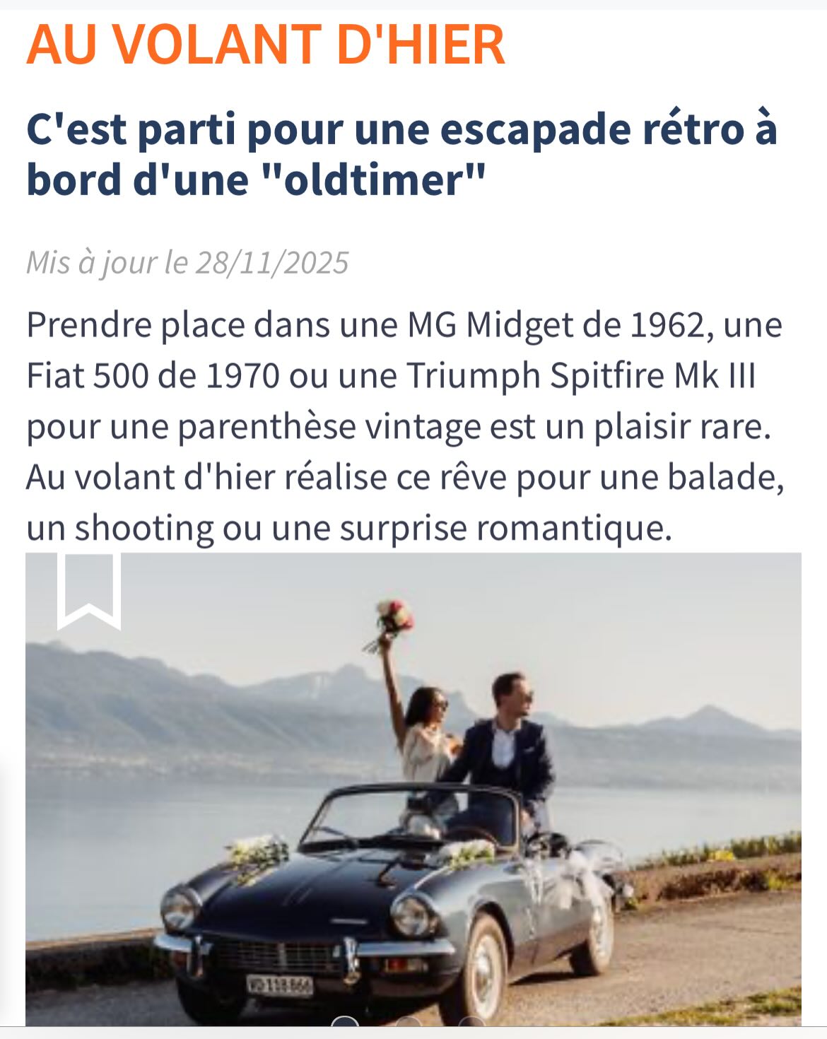 🇫🇷 Nous sommes heureux de collaborer avec @loisirs.ch qui met Au volant d’hier en avant sur son site. Un grand merci à leur équipe pour ce bel article ! 😄
Ils lancent également leur calendrier de l’Avent, une belle occasion de découvrir chaque jour une nouvelle activité. 🎁
Triumph Spitfire, MG Midget, Fiat 500, pour une balade, un shooting ou une surprise romantique.
🇬🇧 We are pleased to collaborate with @loisirs.ch who are featuring Au volant d’hier on their website. A big thank you to their team for the perfect article! 😄
They’ve also just launched their Advent calendar, a great way to discover a new activity every day! 🎁
Triumph Spitfire, MG Midget, Fiat 500, for a drive, a photoshoot or a romantic surprise.
#triumphspitfire #retrocarsdaily #locationvoiture #oldtimer #loisirs #suisseromande #bonplan #shooting