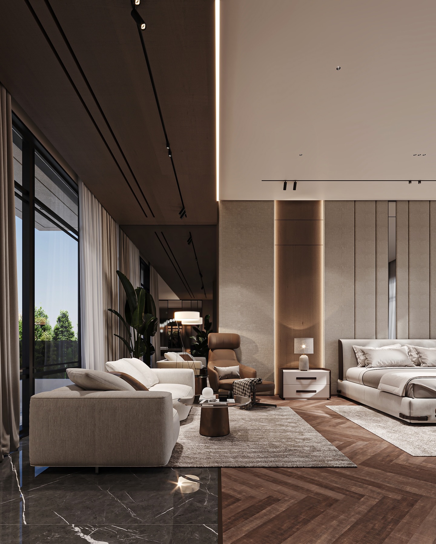 A calm and refined master suite designed around balance, proportion, and light.
Soft neutral tones, warm timber, and subtle vertical lines shape a serene backdrop that invites quiet comfort.
The upholstered bed becomes the center element, framed by gentle ambient lighting and clean architectural symmetry.
Natural daylight floods the room through full-height glass, connecting the interior with the landscape while enhancing texture, shadow, and material depth.
Timeless, understated, and crafted for peaceful living.
✨
#MaroonArchitects #LuxuryDesign #MinimalLuxury #Riyadh #MasterSuite InteriorArchitecture ModernDesign ContemporaryLuxury HBAInspired SaudiArabia
