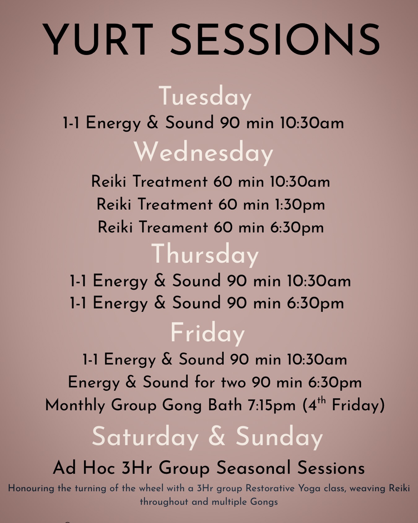 Sessions in the yurt 🤎
Here’s the current timetable for 1–1 Energy & Sound, Reiki treatments, and monthly group gong journeys.
#soundtherapy #gongbath #soundjourney #reikihealing #reikitreatment #energyhealing #holisticwellness #restorativeyoga #yinyoga #devonwellness #totnes #southhams #yurtlife #nervoussystemreset #wellbeingjourney #totnes
You can book straight through the link in my bio, or message me if you’re unsure which session is right for you.
#soundtherapy #gongbath #soundjourney #reikihealing #reikitreatment #energyhealing #holisticwellness #restorativeyoga #yinyoga #devonwellness #totnes #southhams #yurtlife #nervoussystemreset #wellbeingjourney #totnes #southdevon