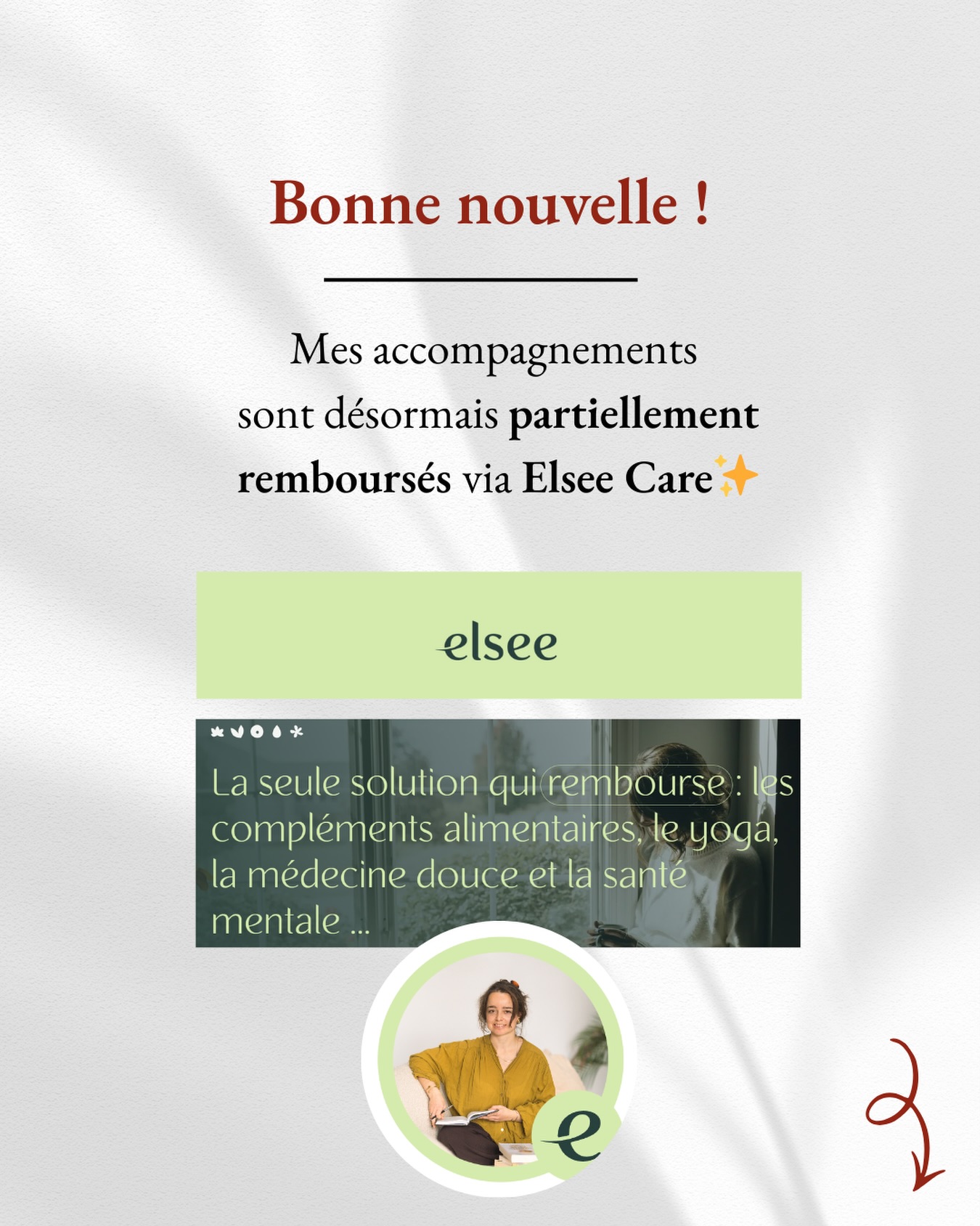 Je t’explique + code promo 👇👇
Si tu as envie d’être accompagnée pour ton SOPK, endométriose, projet bébé mais que le budget te retient, bonne nouvelle… mes accompagnements sont maintenant partiellement remboursés par @elsee.care 🤝🥳
Comment ça marche ?
Tu choisis l’abonnement qui te correspond le mieux. Ensuite, il te suffit juste d’envoyer les factures sur ta plate-forme.
Elsee Care prend aussi en compte les compléments, cours de sports collectifs, santé mentale, culottes menstruelles, thermomètre de symptothermie, séances de sophrologie etc !!✨🫶
Ecris CODE et je t’envoie un CODE PROMO pour ton inscription 🥰