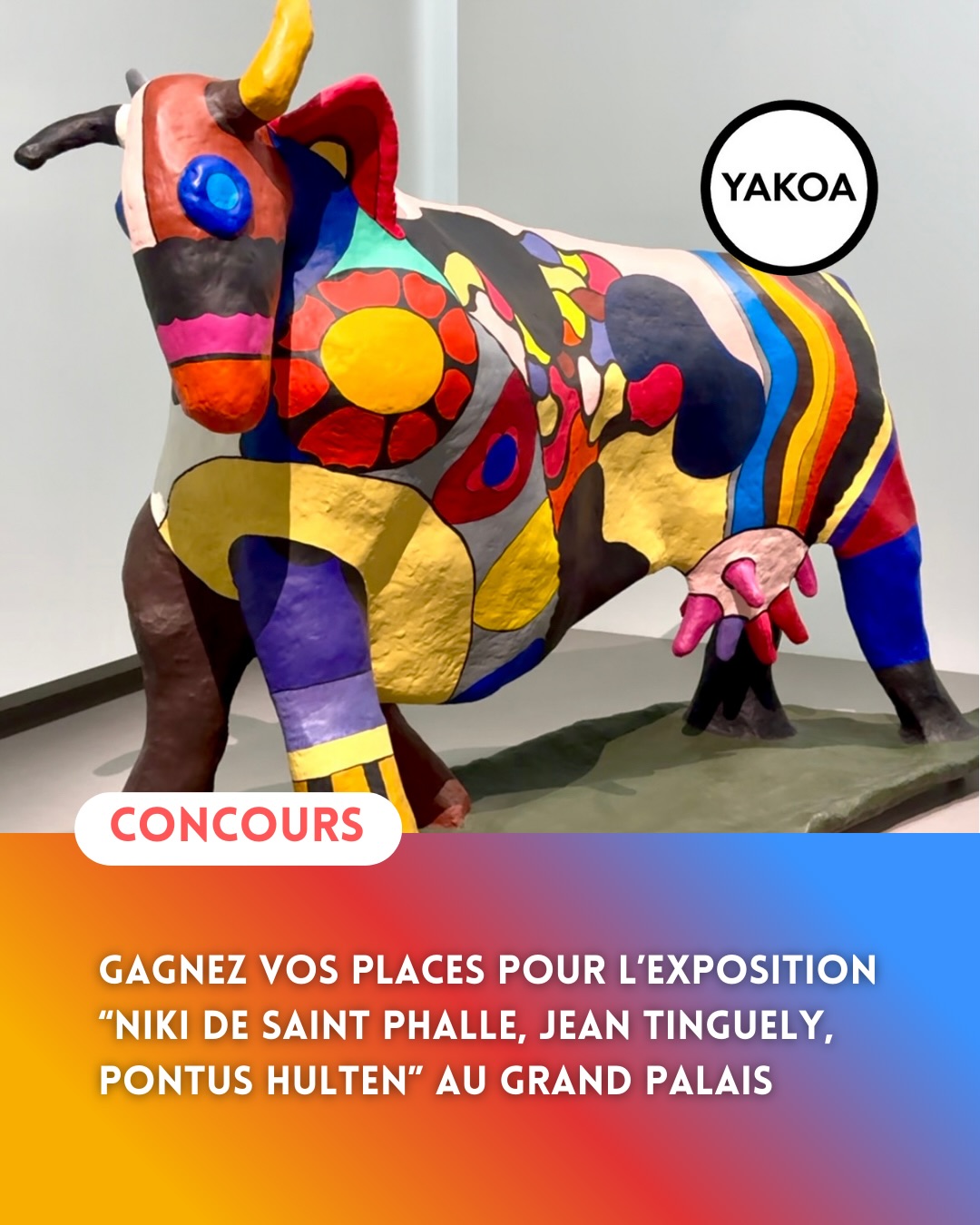 🚨 Concours 🚨 Que diriez vous de voir (ou de revoir) l’exposition « Niki de Saint Phalle, Jean Tinguely, Pontus Hulten », au Grand Palais jusqu’au 4 janvier 2026 ?
Pour cela, j’ai le plaisir de vous faire gagner 5 lots de 2 places pour vous plonger dans l’univers créatif de ce couple d’artistes légendaires. Produite avec le Centre Pompidou, l’exposition célèbre leur énergie rebelle et leur envie de bousculer les règles de l’art. On leur doit, entre autres, le Crocrodrome ou encore la Fontaine Stravinsky, devenus des classiques.
On y découvre les machines déjantées de Tinguely, qui critiquent la société industrielle, et les œuvres puissantes de Niki et ses célèbres Nanas, symboles de joie et de puissance féminine.
———————
🚨 Concours terminé - Les gagnants ont été dévoilés en story 🚨
🎁 Comment faire pour gagner vos places ? C’est simple !
1️⃣ Suivez ce compte, si ce n’est pas encore déjà fait
2️⃣ Likez cette publication
3️⃣ Mentionnez un ami en commentaire avec qui vous souhaiteriez voir l’exposition.
➡️ Les participations seront prises en compte jusqu’au dimanche 7 décembre à 19h et le tirage au sort aura lieu dans la foulée. Une seule participation est autorisée par compte. Si vous êtes tiré au sort, vous serez contacté uniquement par le compte YAKOA_Paris en message direct et devrez transmettre vos noms et coordonnées postales pour recevoir vos billets à domicile.
🍀 Bonne chance à toutes et à tous !
-—————————
📍Le Grand Palais
17 Avenue du Général Eisenhower - Paris 8
Entrée Square Jean Perrin
Du mardi au dimanche de 10h à 19h30
Nocturne le vendredi jusqu’à 22h
Tarif plein : 17 € - Tarif réduit : 14 € (18-25 ans, étudiants jusqu’à 30 ans inclus, familles nombreuses)
Gratuit : - 18 ans, demandeurs d’emploi, visiteurs en situation de handicap
#concoursinstagram #legrandpalais #centrepompidou #nikidesaintphalle #jeantinguely #nouveaurealisme #parismuseum #artinparis #parismusees #concoursinsta