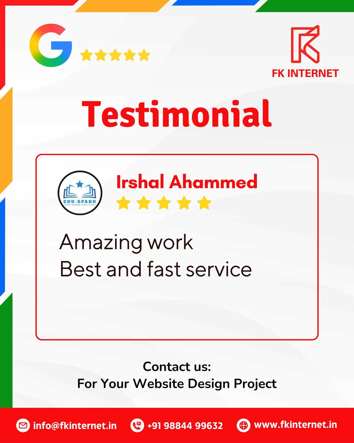 Client words that keep us motivated 💫
Nothing makes us happier than seeing our clients satisfied!
😊 Thank you, Irshal Ahammed (Edu-Spark), for trusting FK Internet with your website design project.
We’re glad our quality work, fast delivery, and smooth communication made a difference.
💻 Need a clean, professional, and SEO-ready website for your business or institute?
📩 💬 WhatsApp us +91 98844 99632 or visit www.fkinternet.in to get started today!
#fkinternet #clienttestimonial #webdesign #websitedesign #webdesignagency #businesswebsite #professionalwebdesign #smallbusinessindia #webdeveloperindia #digitalpresence #happyclients #customerfeedback #websolutions #responsivewebsite #madeinindia