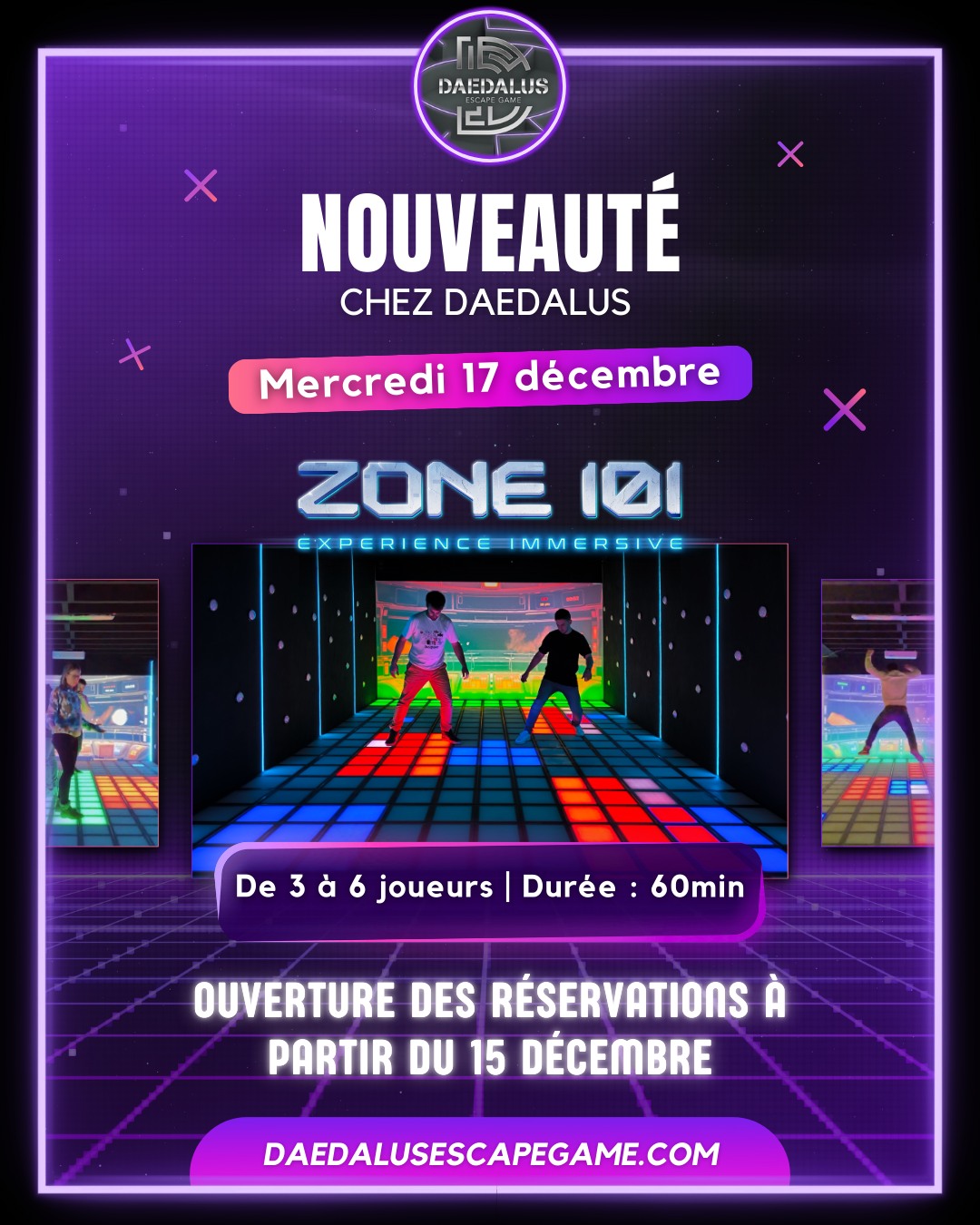 💥 𝗢𝗨𝗩𝗘𝗥𝗧𝗨𝗥𝗘 𝗟𝗘 𝟭𝟳 𝗗𝗘́𝗖𝗘𝗠𝗕𝗥𝗘 💥
𝗗𝗲́𝗰𝗼𝘂𝘃𝗿𝗲𝘇 𝗭𝗼𝗻𝗲 𝟭𝟬𝟭, une activité unique qui saura vous mettre à l'épreuve ! Venez tester vos compétences d'équipe afin de faire les meilleurs scores et remporter un concours intergalactique !
𝗗𝗲 𝟯 𝗮̀ 𝟲 𝗷𝗼𝘂𝗲𝘂𝗿𝘀, vous aurez 𝟲𝟬 𝗺𝗶𝗻𝘂𝘁𝗲𝘀 afin de prouver que les humains peuvent prétendre au titre de champions interstellaires et affrontez d'autres espèces aliens dans des défis variés !
Zone 101 mettra à l’épreuve votre agilité, votre réflexion et votre esprit d’équipe, dans une expérience immersive qui vous plongera dans une ambiance captivante et vous confrontera à des défis stimulants.
Serez vous la meilleure équipe du tournoi olympique galactique ? 🏆
⚠️ 𝗢𝘂𝘃𝗲𝗿𝘁𝘂𝗿𝗲 𝗱𝗲𝘀 𝗿𝗲́𝘀𝗲𝗿𝘃𝗮𝘁𝗶𝗼𝗻𝘀 𝗮̀ 𝗽𝗮𝗿𝘁𝗶𝗿 𝗱𝘂 𝟭𝟱 𝗱𝗲́𝗰𝗲𝗺𝗯𝗿𝗲
__________________
🌐 https://bit.ly/daedalusescapegame
📱 0633447032
☎️ 0984483171
#escape #escapegame #escaperoom #parcours #loisirs #jeu #jeux #blois #loiretcher #famille #amis #ami #barajeux #loire #jeudesociete #valdeloire #chateaudelaloire #loireavelo #bloismaville #valducher #sologne #vendome #sortiren41 #bloischambord #bloiscity #maisondelamagie #visiteblois #bloistourisme #nouveauté