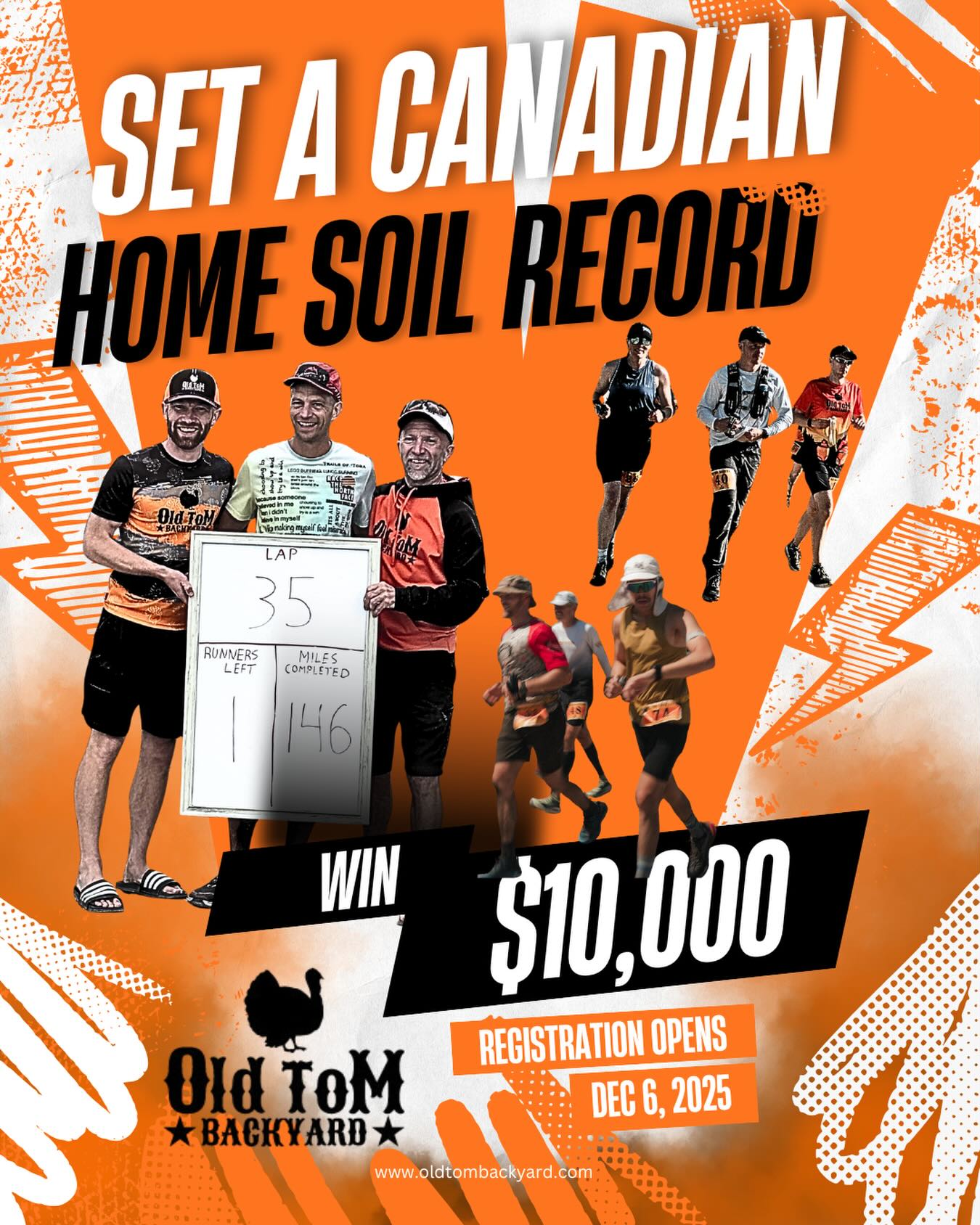 Old Tom Backyard is thrilled to announce that if the 2026 Last Runner Standing bests Lee Alonzo Murphy’s 🇨🇦 Home Soil record of 68 yards they will win $10,000!!
Yes, you read that number correctly! 🤯
This prize was made possible by a local business owner/avid runner who approached us wanting to make this small-town Manitoba backyard bigger and better than ever!
Registration opens December 6th at 8am!