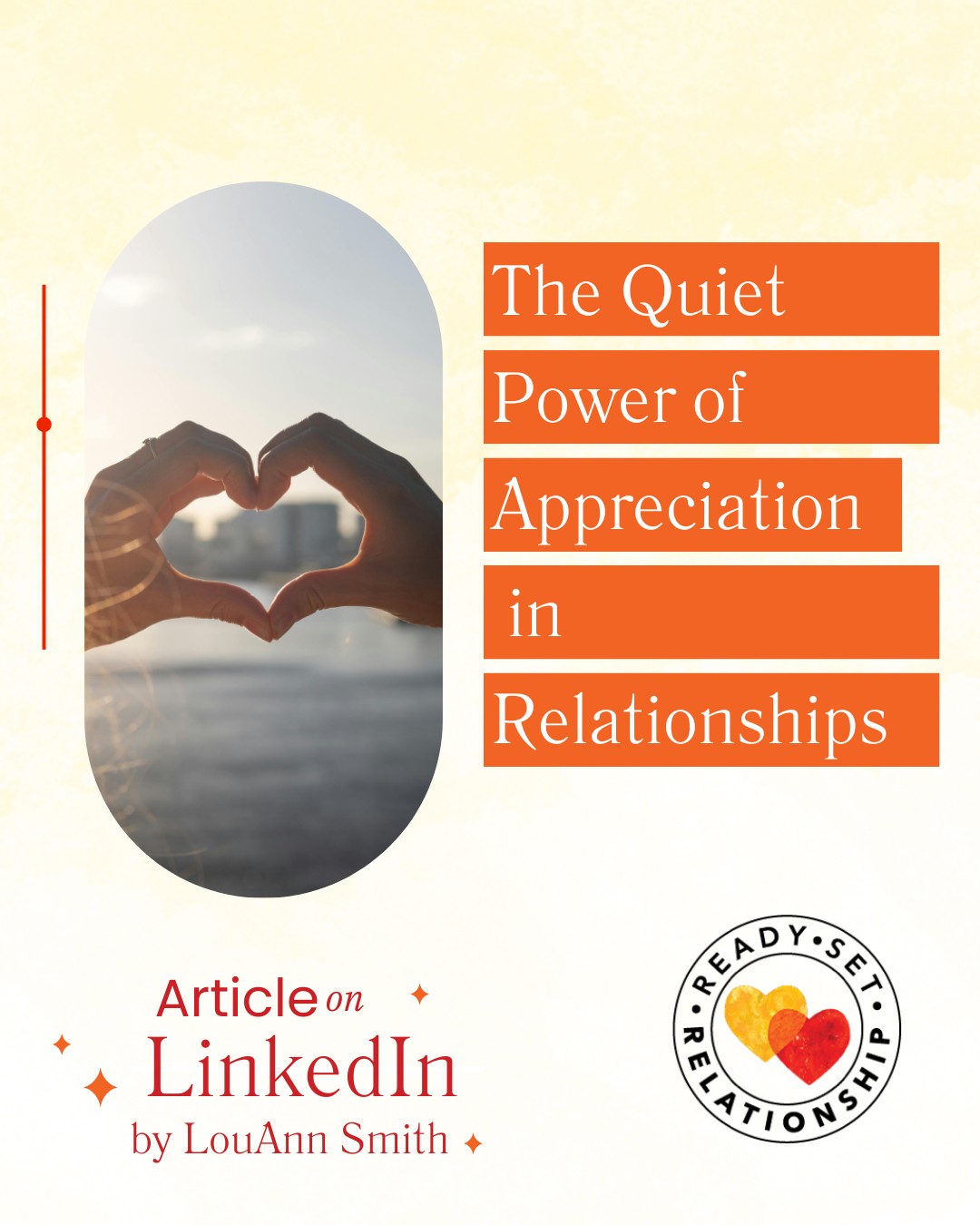 ❤️New from Ready Set Relationship ❤️
The Quiet Power of Appreciation in Relationships by @lookingloua.
In her latest article, LouAnn explores one of the most underestimated tools for strengthening long-term relationships: specific, sincere appreciation.
After more than 40 years as a psychotherapist, she’s seen firsthand how small moments of gratitude can soften tension, rebuild trust, and deepen emotional safety between partners.
From the difference between public and private appreciation to how gratitude helps couples stay emotionally reachable during conflict, this piece offers a grounded, compassionate look at why appreciation belongs at the center of relationship growth.
At Ready Set Relationship, this is exactly the kind of intentional work we support through our Early Marriage Workshops—helping couples recognize each other more fully, communicate more clearly, and stay connected through all stages of love.
💛 Read the full article by going to our LinkedIn or the link in our stories!
#Relationships #CouplesTherapy #EmotionalIntelligence #MarriageTools #ReadySetRelationship #RelationshipSkills #LouAnnSmithLCSW