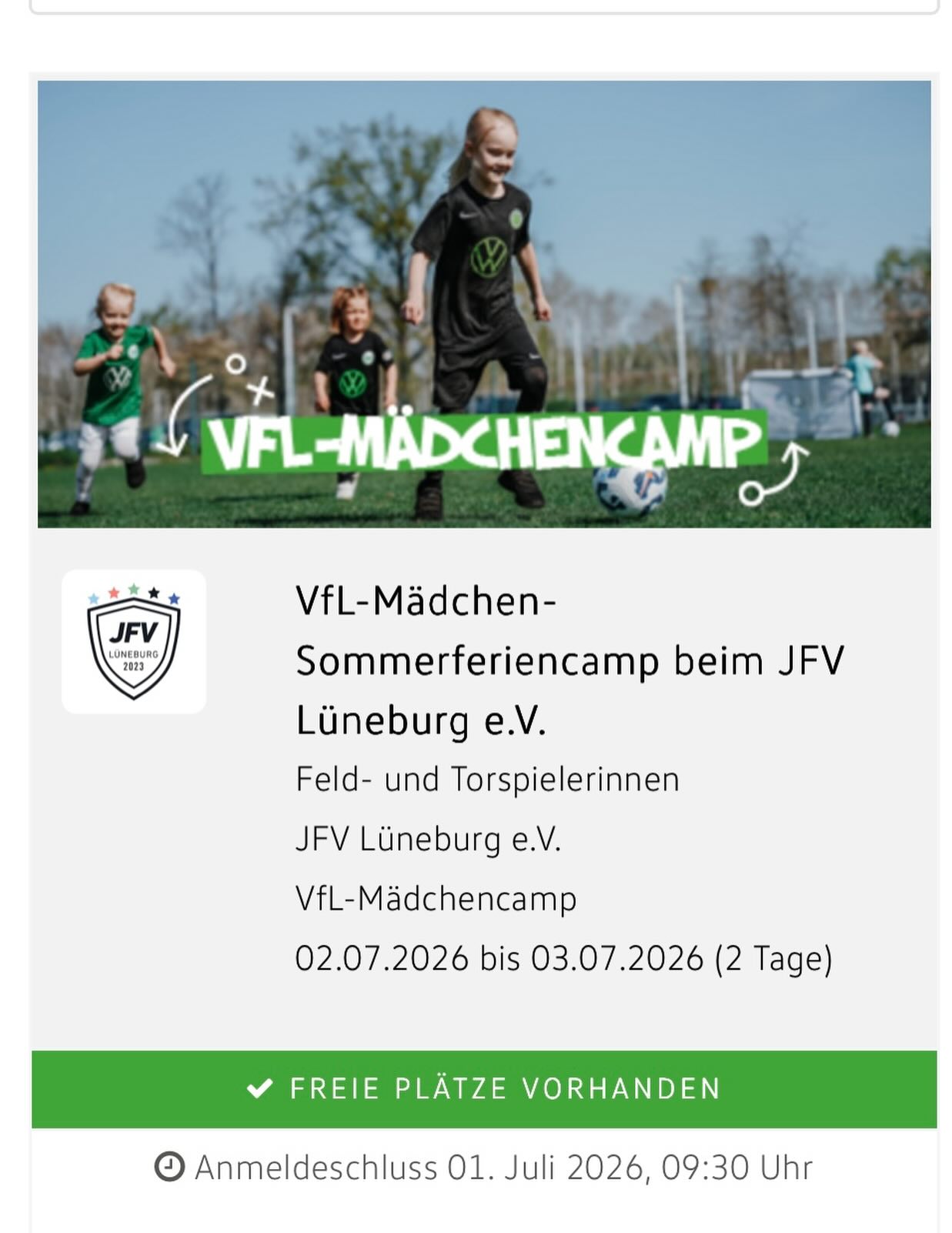 Premiere beim JFV: Am 02.07.2026 und 03.07.2026
startet auf den Sülzwiesen beim VfL Lüneburg unser erstes zweitägiges Mädchenfußballcamp in Zusammenarbeit mit der VfL Wolfsburg-Fussballschule! 🌟
Dich erwarten:
✨ Professionelles Training
✨ Coole Übungen & Spiele
✨ Blick hinter die Kulissen eines Top-Vereins
✨ Mega Stimmung & jede Menge Teamspirit!
Ob Anfängerin oder schon Vereinsspielerin – alle Mädchen sind willkommen!
Die Anmeldung ist ab sofort möglich!
Sichert euch schnell einen der begehrten Plätze! 🙌
💚 Wir freuen uns auf euch!
#JFVLüneburg #Mädchenfußball #VfLWolfsburg #GirlsKick #Fußballcamp #Nachwuchstalente #GemeinsamStark
Anmeldelink im ersten Kommentar!