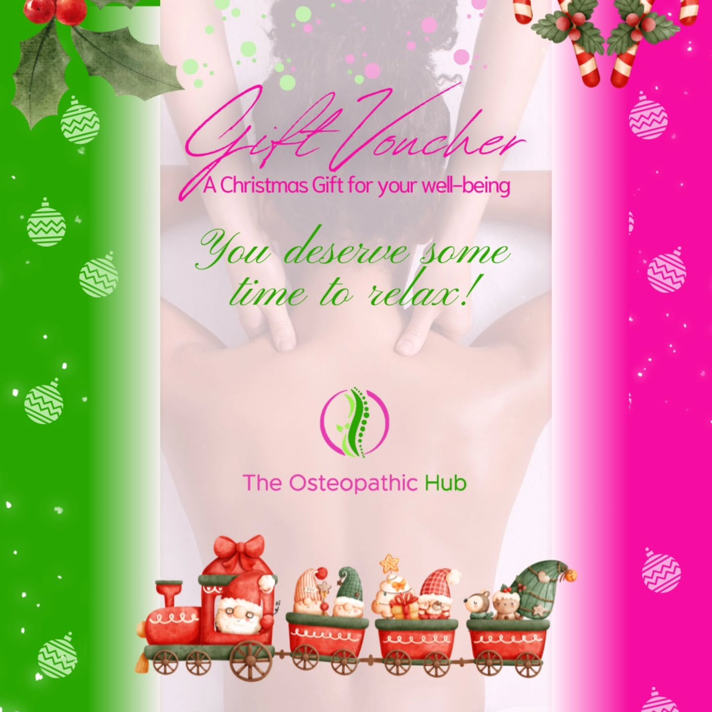 Christmas Gift Voucher – A Personalised Wellbeing Gift
Give someone the gift of calm this Christmas.
Our massage & therapy vouchers are personalised — the person you love can choose the treatment that suits them best:
🌿 Holistic Massage
🌿 Reflexology
🌿 Fusion Massage
🌿 Osteopathy
Each voucher is valid for 6 months, and can be used anytime until July 2026.
It’s a gentle, meaningful way to say:
“You deserve a moment to relax.”
🎄 Available now at The Osteopathic Hub
📍 The Woolmarket, Cirencester
👉 www.theosteopathichub.co.uk