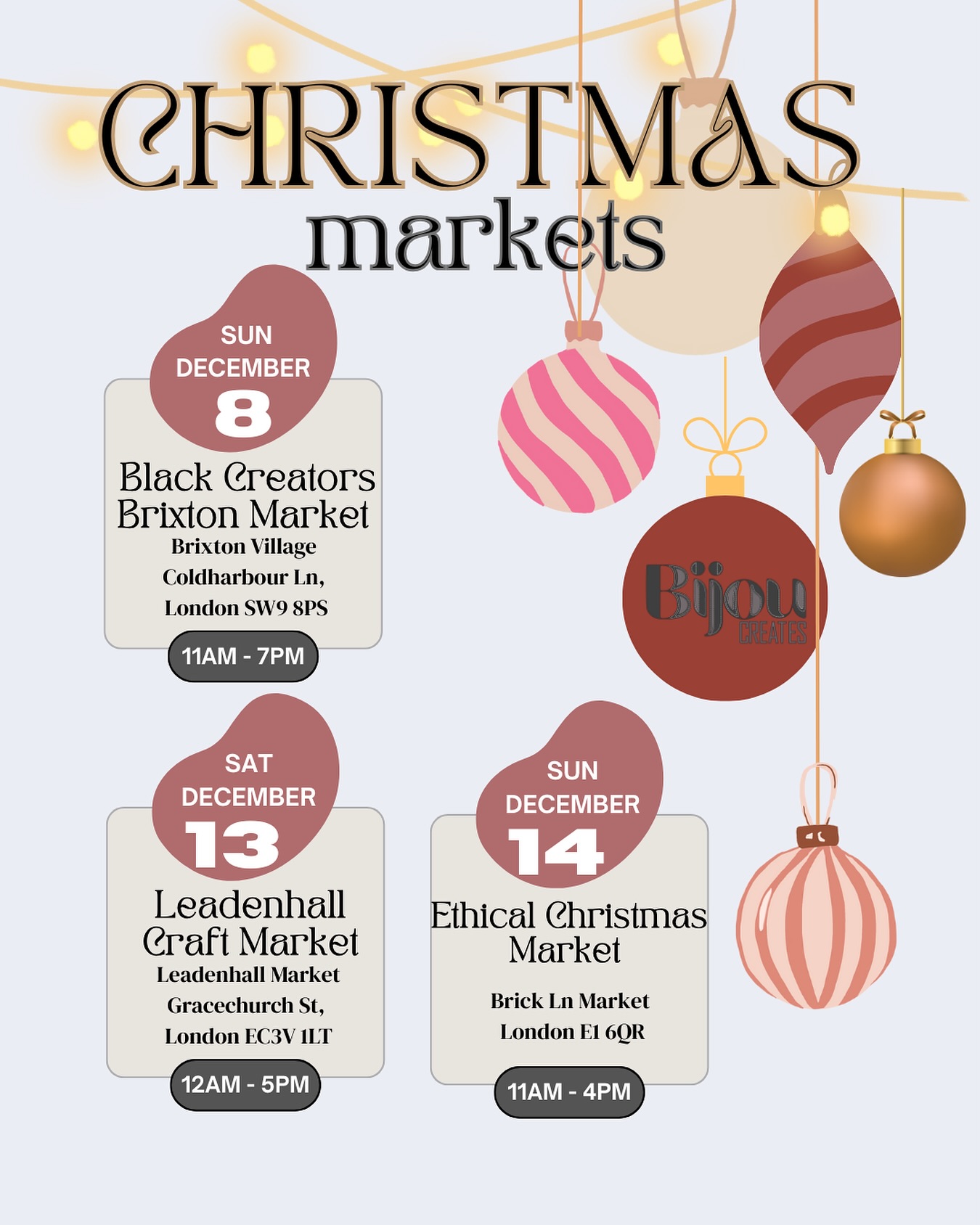 🎄Bijou CREATES CHRISTMAS markets 🎄
If you’re looking for gifting ideas you’ll know where to find me
.
@buyblackinlondon - 7.12.2025 - Brixton village
@solocraftfair - 13.12.2025 - Leaden Hall Marker
@trumanbrewery -14.12.2025
.